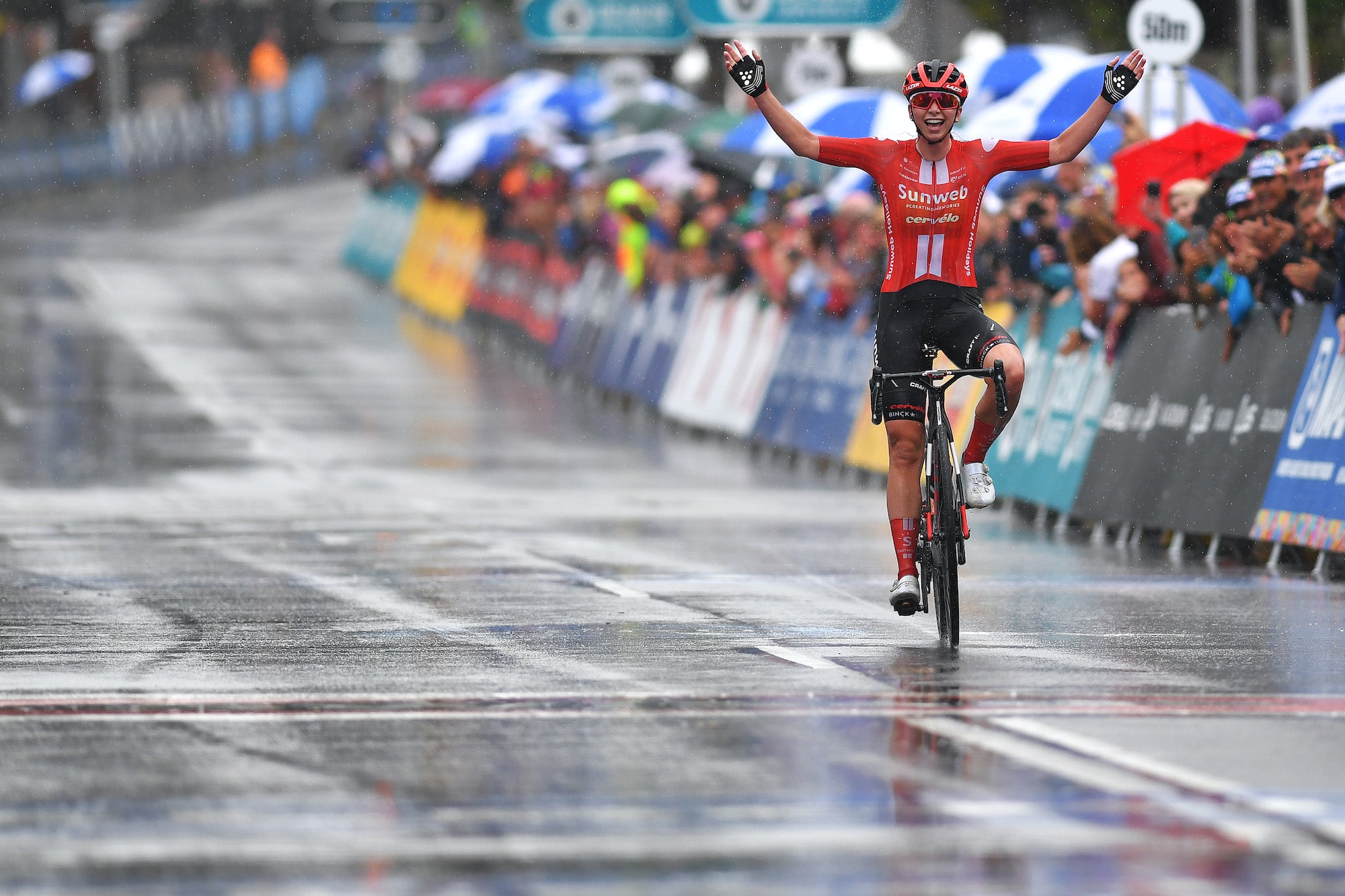 GEELONG, AUSTRALIA - FEBRUARY 01: Arrival / Liane Lippert of Germany and Team Sunweb / Celebration / during the 6th Cadel Evans Great Ocean Road Race 2020, Deakin University Elite Women a 121km race from Geelong to Geelong / @CadelOfficial / #CadelRoadRace / #UCIWT / on February 01, 2020 in Geelong, Australia. (Photo by Tim de Waele/Getty Images)