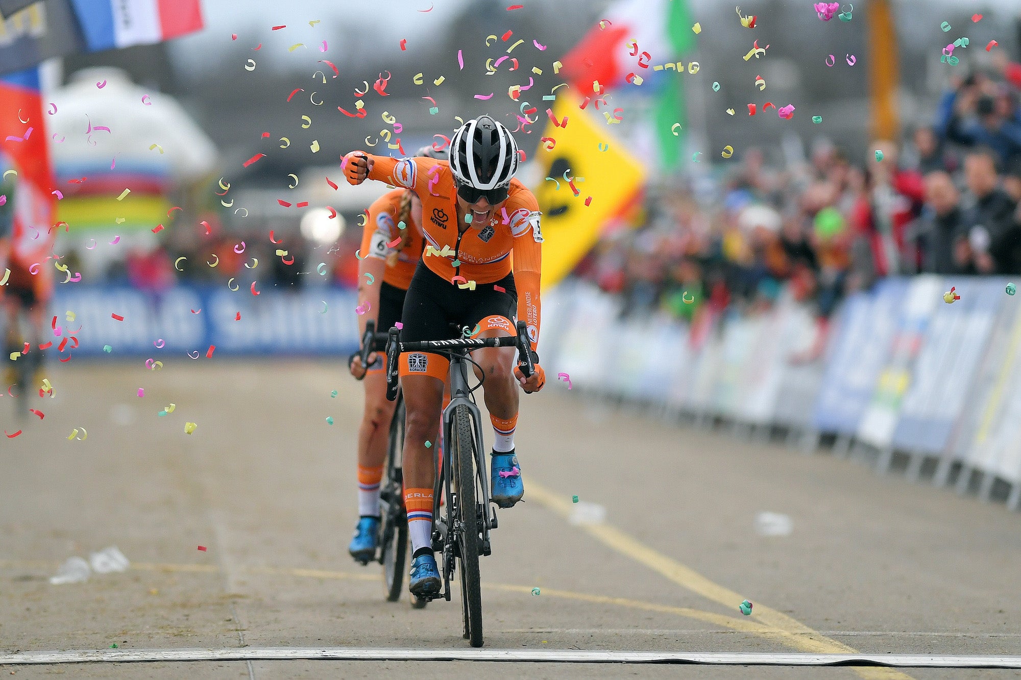 DUBENDORF, SWITZERLAND - FEBRUARY 01: Arrival / Ceylin Del Carmen Alvarado of The Netherlands / Celebration / during the 71st Cyclocross World Championships D√ºbendorf 2020, Women Elite  / @UCI_CX / #Dubendorf2020 / on February 01, 2020 in Dubendorf, Switzerland. (Photo by Luc Claessen/Getty Images)