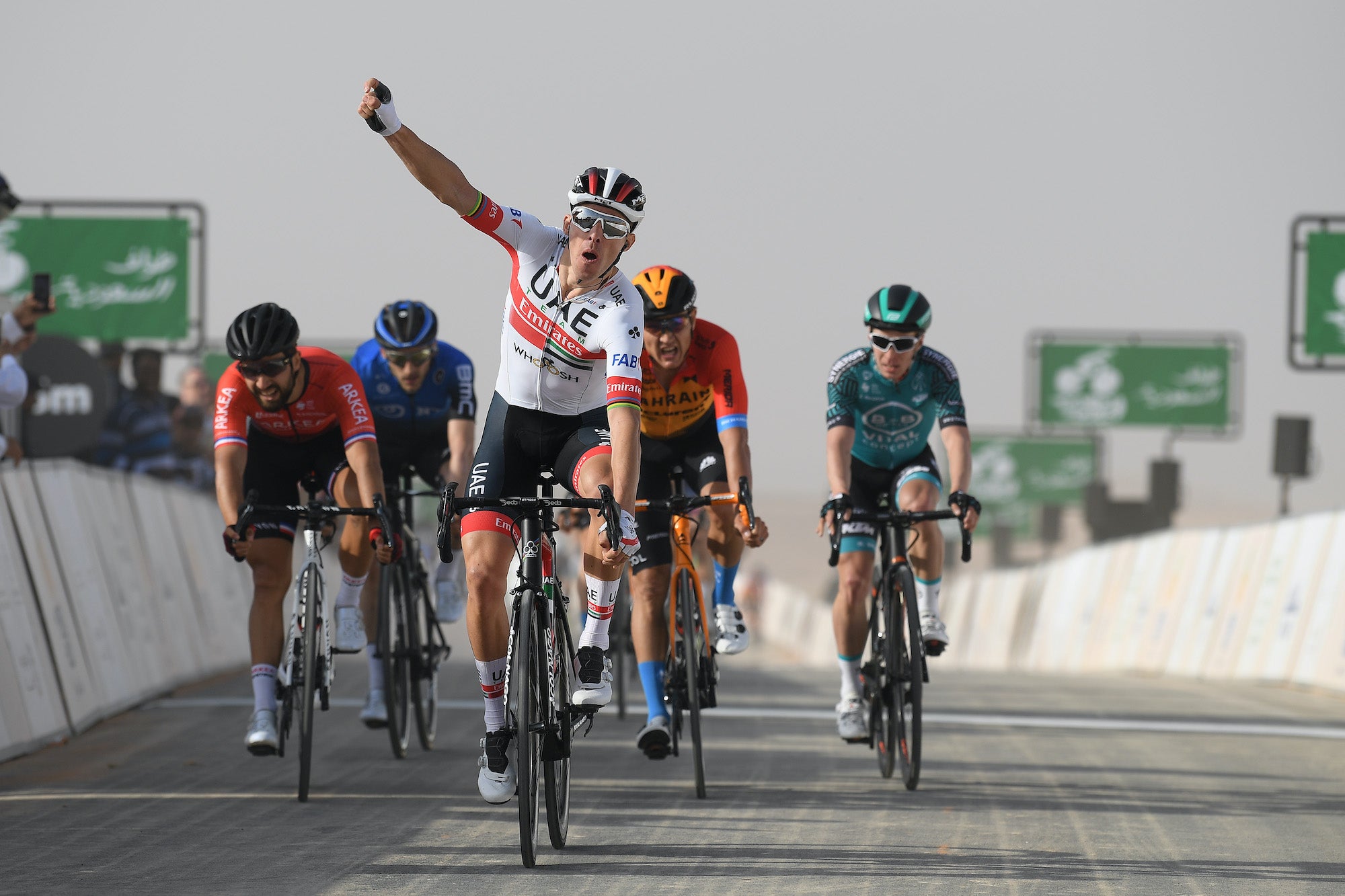 JAWW, SAUDI ARABIA - FEBRUARY 04: Arrival / Rui Costa of Portugal and UAE Team Emirates / Celebration / Nacer Bouhanni of France and Team Arkea-Samsic / Heinrich Haussler of Australia and Team Bahrain-Mclaren / during the 1st Saudi Tour 2020, Stage 1 a 173km stage from Saudi Arabian Olympic Committee to Jaww / #SaudiTour / Photo by Stuart Franklin/Getty Images)