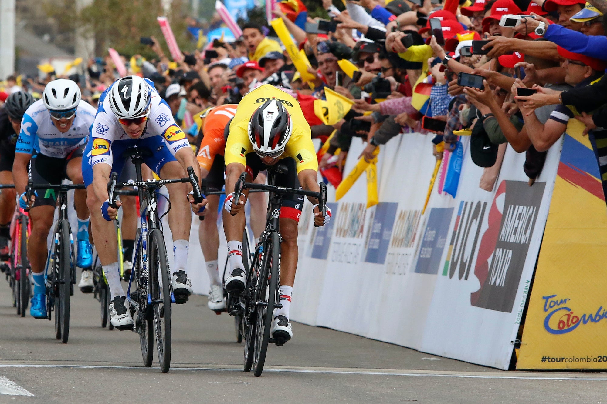 ZIPAQUIR√Å, COLOMBIA - FEBRUARY 15: Arrival / Sprint / Juan Sebastian Molano Benavides of Colombia and UAE Team Emirates Yellow Points Jersey / Alvaro Jose Hodeg Chagui of Colombia and Team Deceuninck - Quick Step / Jhonatan Restrepo Valencia of Colombia and Team Androni Giocattoli - Sidermec / Travis Mccabe of The United States and Team Israel Start - Up Nation / Colin Joyce of The United States and Team Rally Cycling / Juan Francisco Rosales Hernandez of Mexico and Team Canels Pro Cycling / Richard Carapaz of Ecuador and Team INEOS / during the 3rd Tour of Colombia 2020, Stage 5 a 180,5km stage from Paipa to Zipaquir√° / @TourColombiaUCI / #TourColombia2020 / on February 15, 2020 in Zipaquir√°, Colombia. (Photo by Maximiliano Blanco/Getty Images)