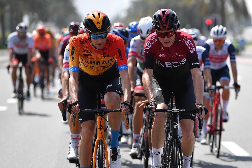DUBAI, UNITED ARAB EMIRATES - FEBRUARY 23: Wout Poels of The Netherlands and Team Bahrain - McLaren / Chris Froome of The United Kingdom and Team INEOS / during the 6th UAE Tour 2020, Stage 1 a 148km stage from Dubai - The Pointe to Dubai - Silicon Oasis / #UCIWT / #UAETour / @uae_tour / on February 23, 2020 in Dubai, United Arab Emirates. (Photo by Justin Setterfield/Getty Images)