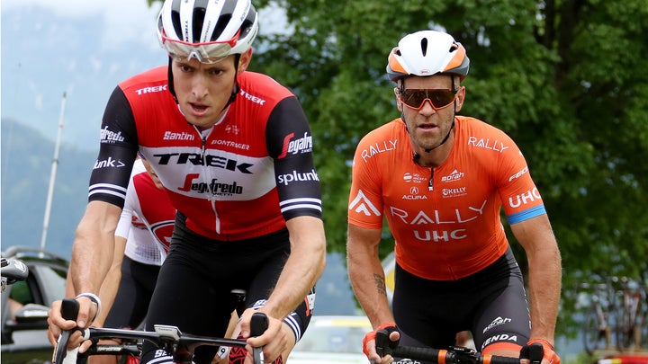 Michael Gogl (Trek-Segafredo) and Svein Tuft (Rally UHC Cycling) at the 2019 Tour of Switzerland. Photo: Heinz Zwicky/Getty Images