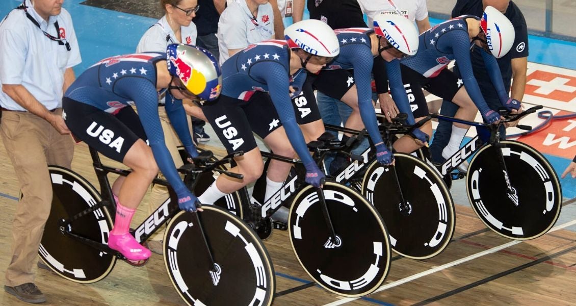 The Team USA Womens Team Pursuit posted the fastest qualifying time at the 2020 UCI Track Cycling World Championships. Photo: Courtesy USA Cycling