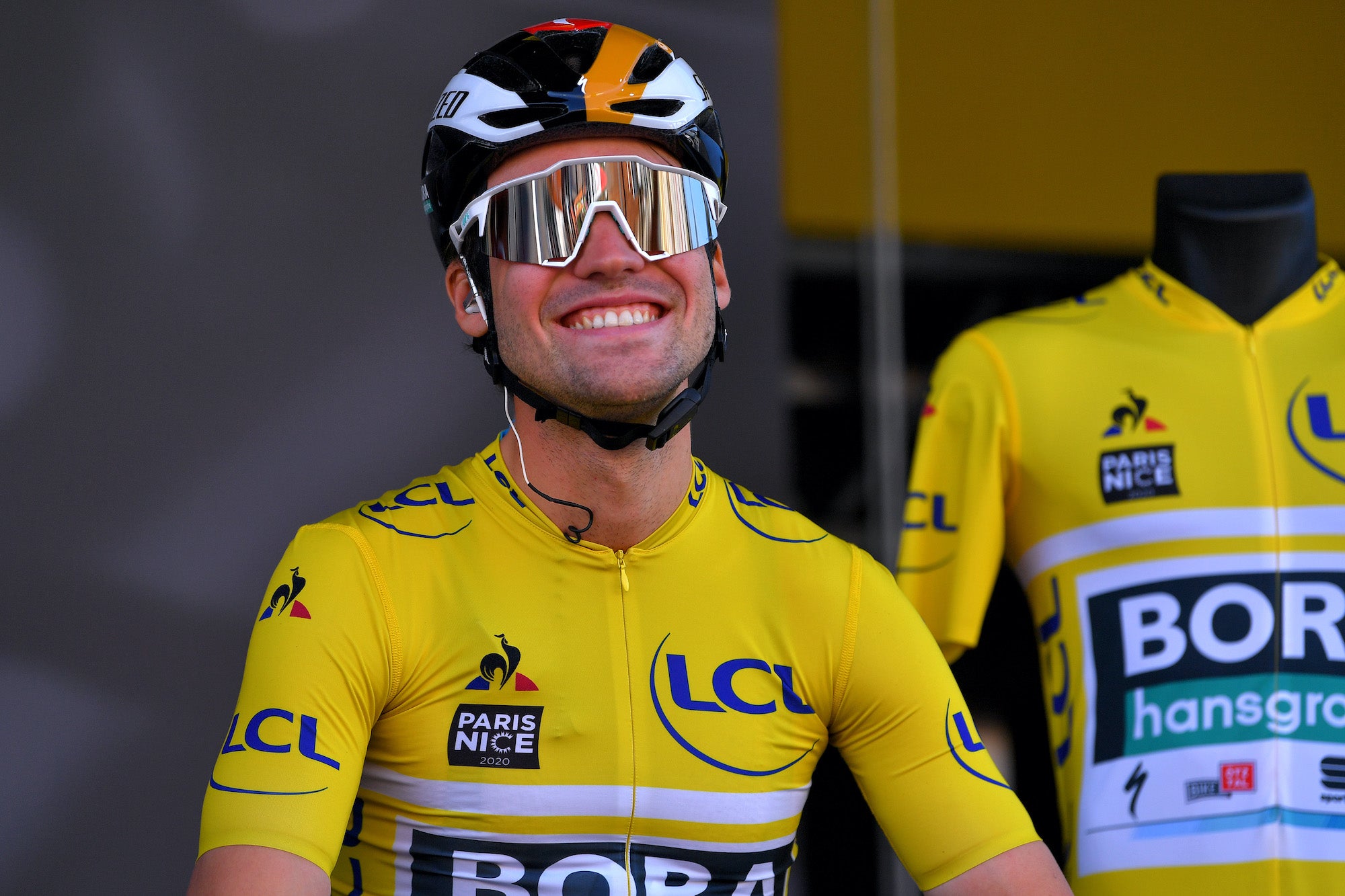 VALDEBLORE LA COLMIANE, FRANCE - MARCH 14: Start / Podium / Maximilian Schachmann of Germany and Team Bora - Hansgrohe Yellow Leader Jersey / Nice City / during the 78th Paris - Nice 2020 - Stage 7 a 166,5km stage from Nice to Valdeblore La Colmiane 1500m / Paris - Nice 2020 final stage as part of the fight against the spread of the Coronavirus / #ParisNice / @parisnicecourse / PN / on March 14, 2020 in Valdeblore La Colmiane, France. (Photo by Luc Claessen/Getty Images)