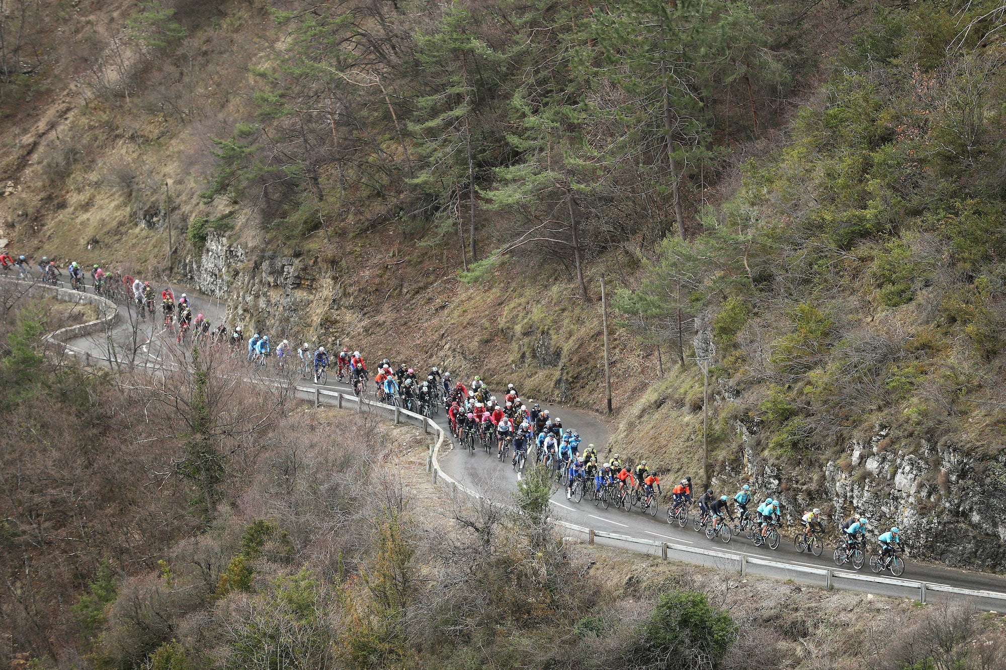 VALDEBLORE LA COLMIANE - MARCH 10: Landscape / Peloton / during the 76th Paris - Nice 2018 / Stage 7 a stage from Nice to Valdeblore La Colmiane 1500m on March 10, 2018 in Valdeblore La Colmiane, France. (Photo by Bryn Lennon/Getty Images)