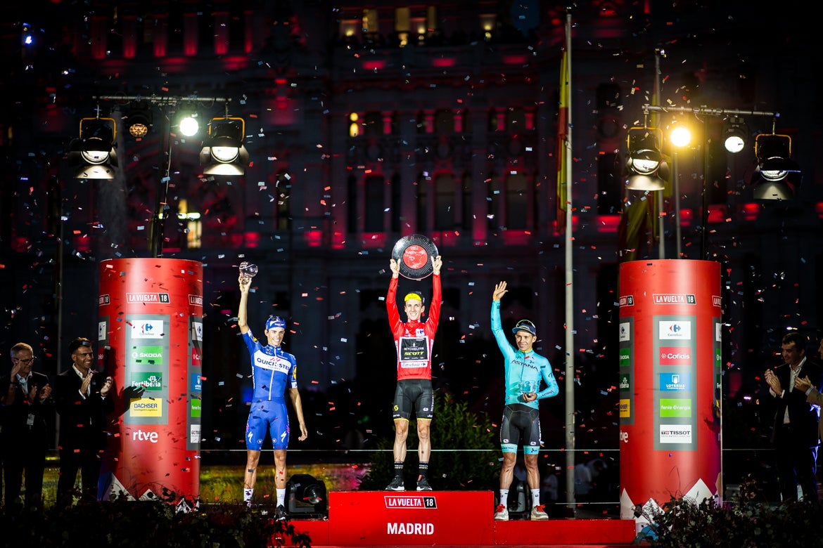 Simon Yates took his first victory in a grand tour and made it three victories for the UK in 2018 with three different British riders winning all three grand tours. Photo: Jim Fryer / BrakeThrough Media | brakethroughmedia.com