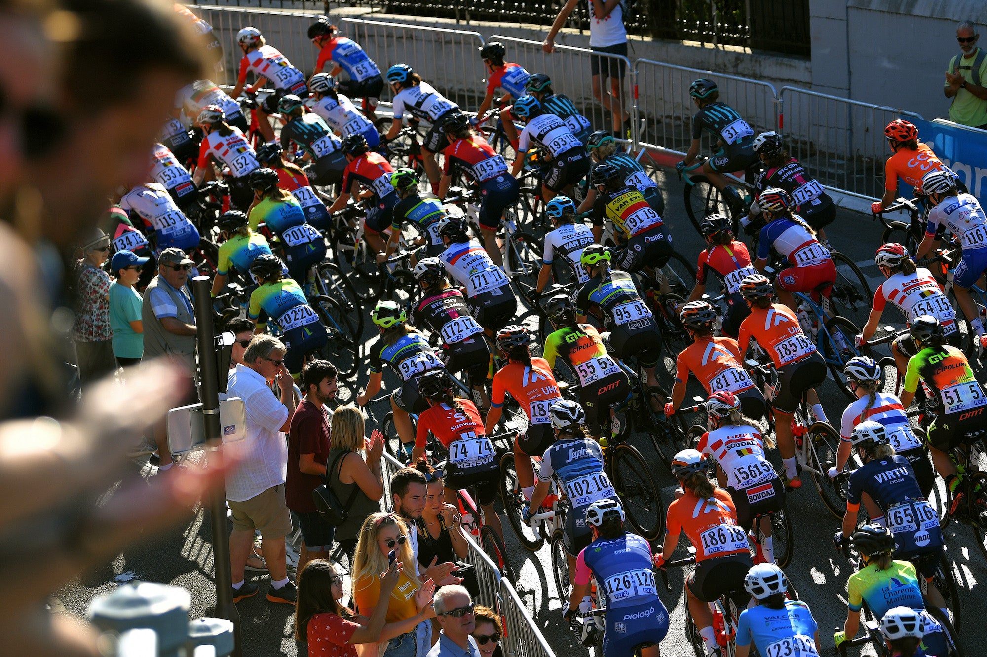 PAU, FRANCE - JULY 19: Juliette Labous of France and Team Sunweb Women / Audrey Cordon of France and Team Trek-Segafredo Women / Cameron Vandenbroucke of Belgium and Team Lotto Soudal Ladies / Elena Pirrone of Italy and Team Valcar-Cylance Cycling / Emma White of The United States and Team Rally UHC Cycling Women / Chloe Hosking of Australia and Team Ale Cipollini / Jesse Vandenbulcke of Belgium and Team Doltcini-Van Eyck Sport / Peloton / Detail view / during the 6th La Course 2019, by Le Tour de France a 121km stage from Pau to Pau / TDF / #LaCourse / @LaCoursebyTDF / on July 19, 2019 in Pau, France.