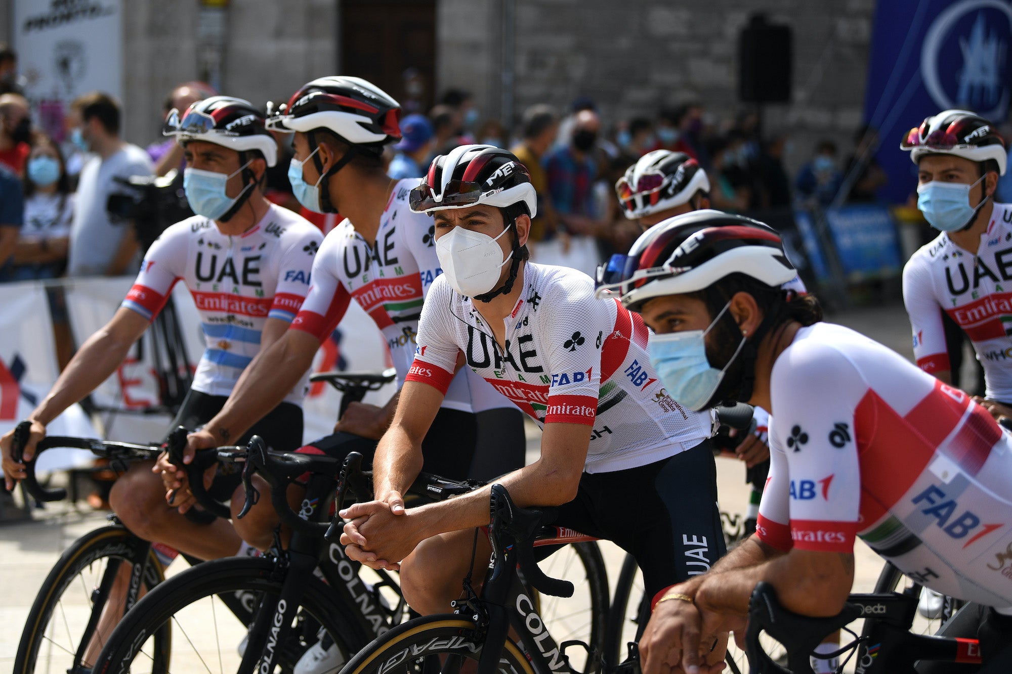 UAE Team Emirates riders waiting for Vuelta a Burgos' opening stage to roll out. Photo: David Ramos/Getty Images