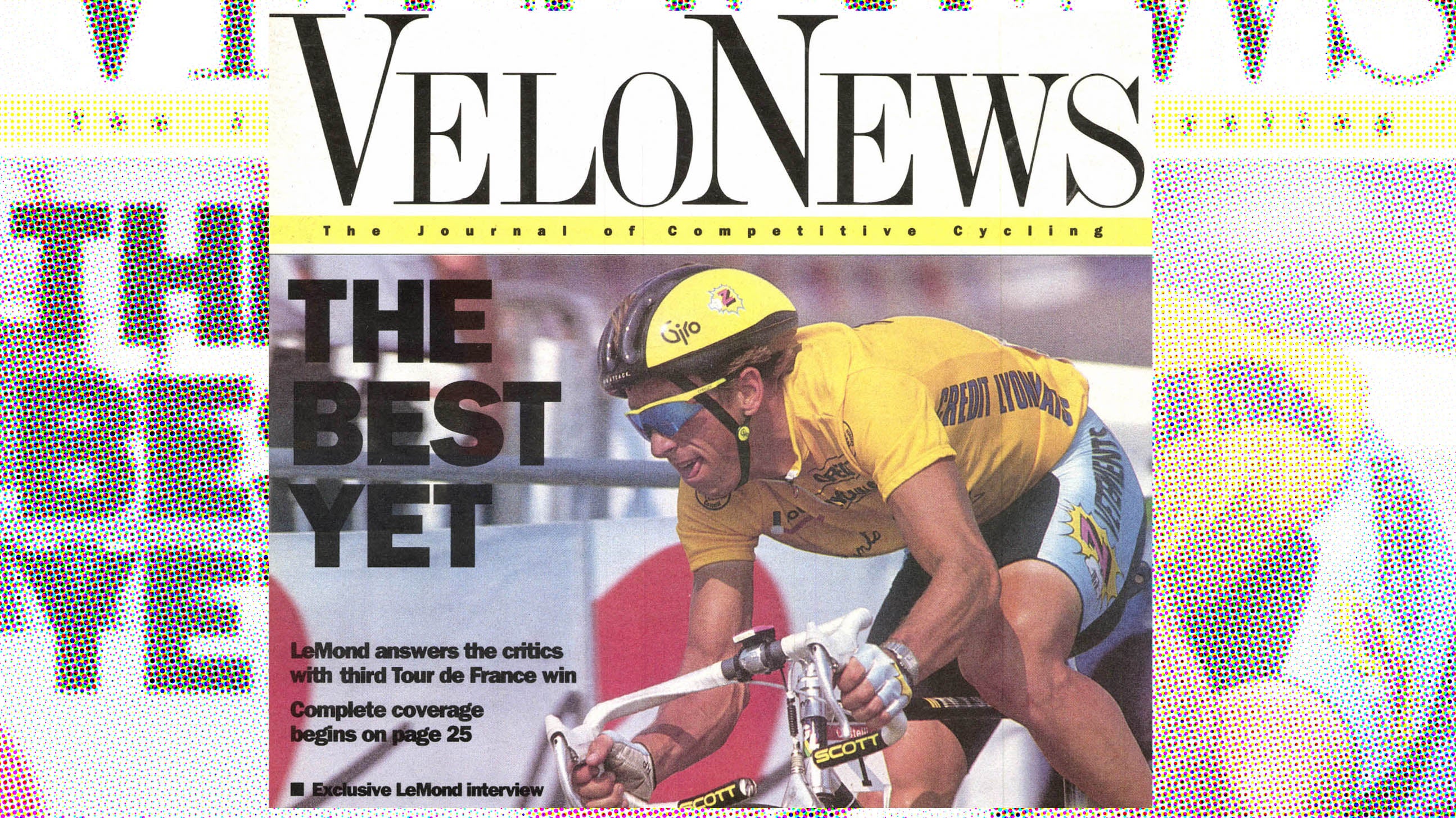 Crop of VeloNews issue from August 6, 1990 featuring Greg LeMond in a yellow jersey riding his bike