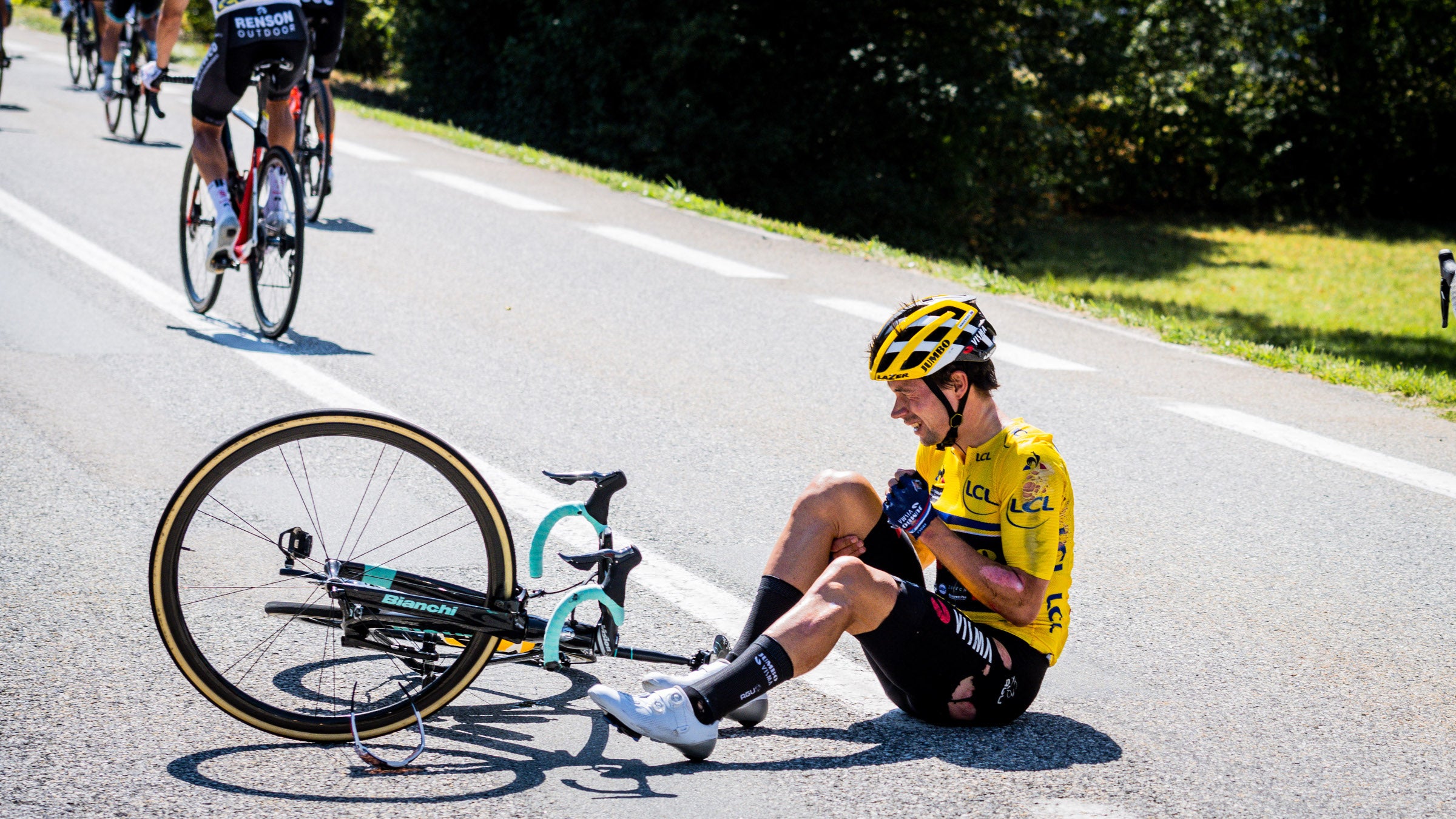 Primoz Roglic after his crash at the Dauphine. Photo: James Startt