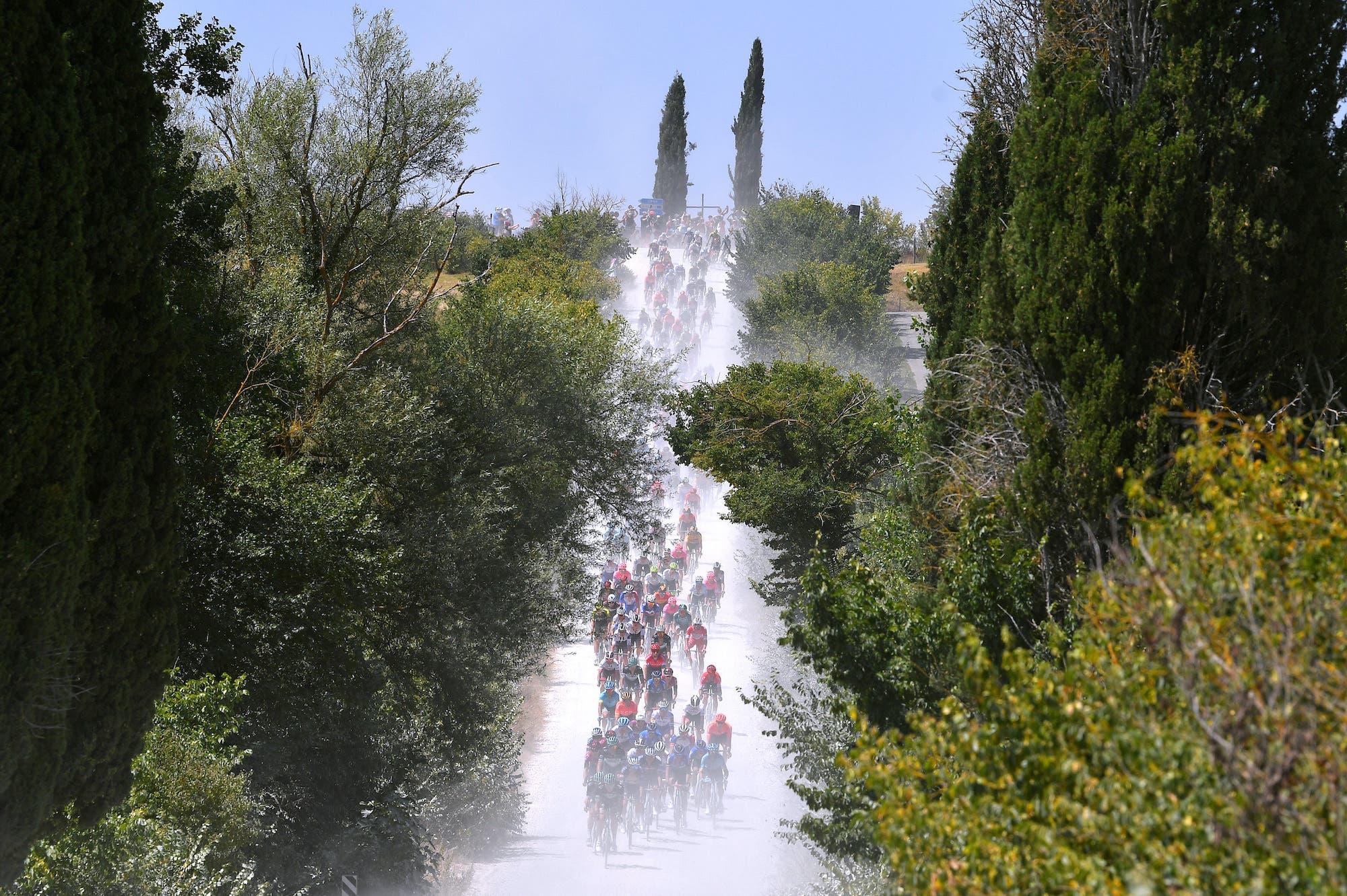 A day of dirt, steep hills and baking sun made for a tough return to WorldTour racing. Photo Tim de Waele/Getty Images