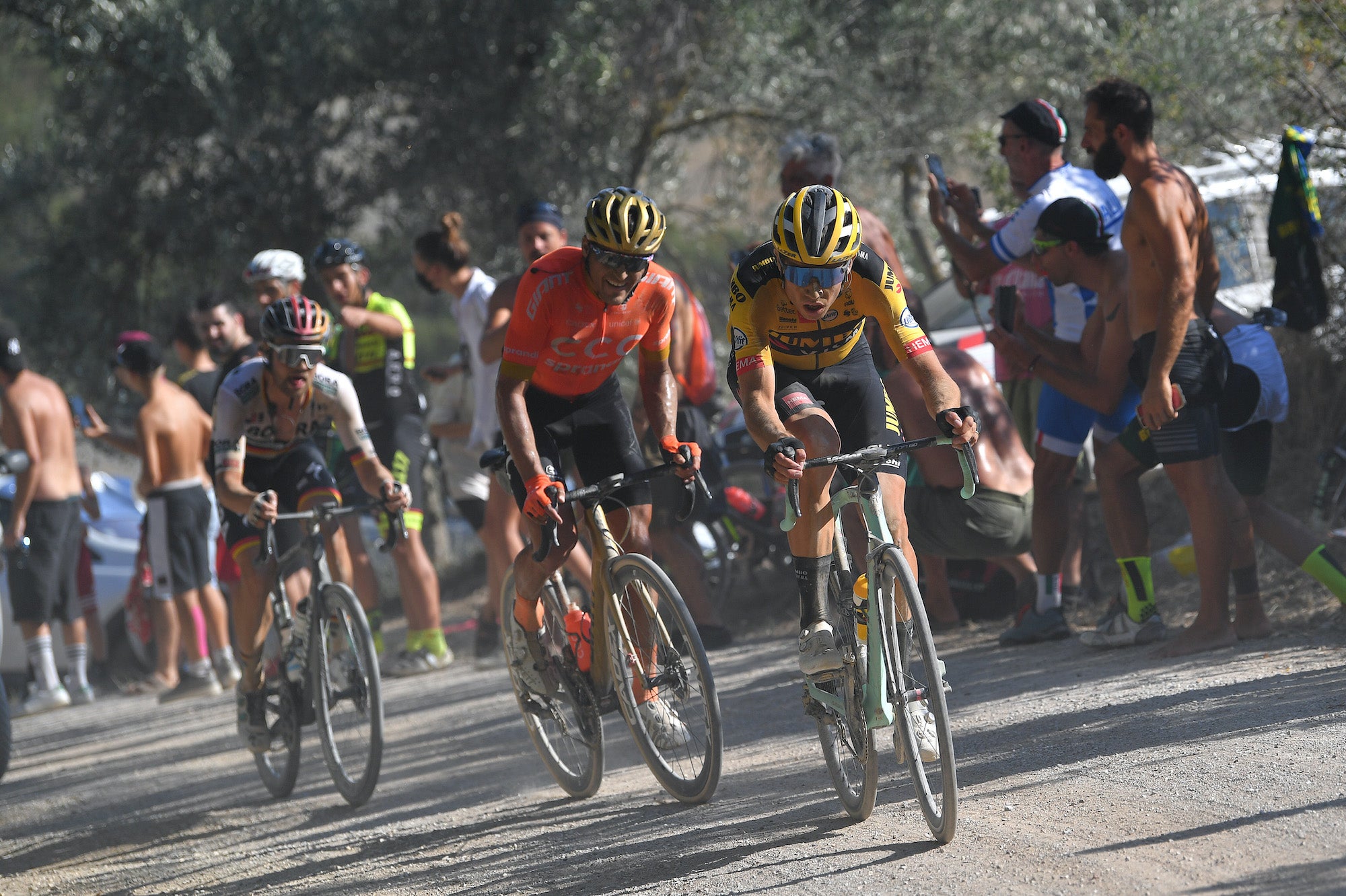 Van Aert , Schachmann, and Van Avermaet at the 2020 Strade Bianche.