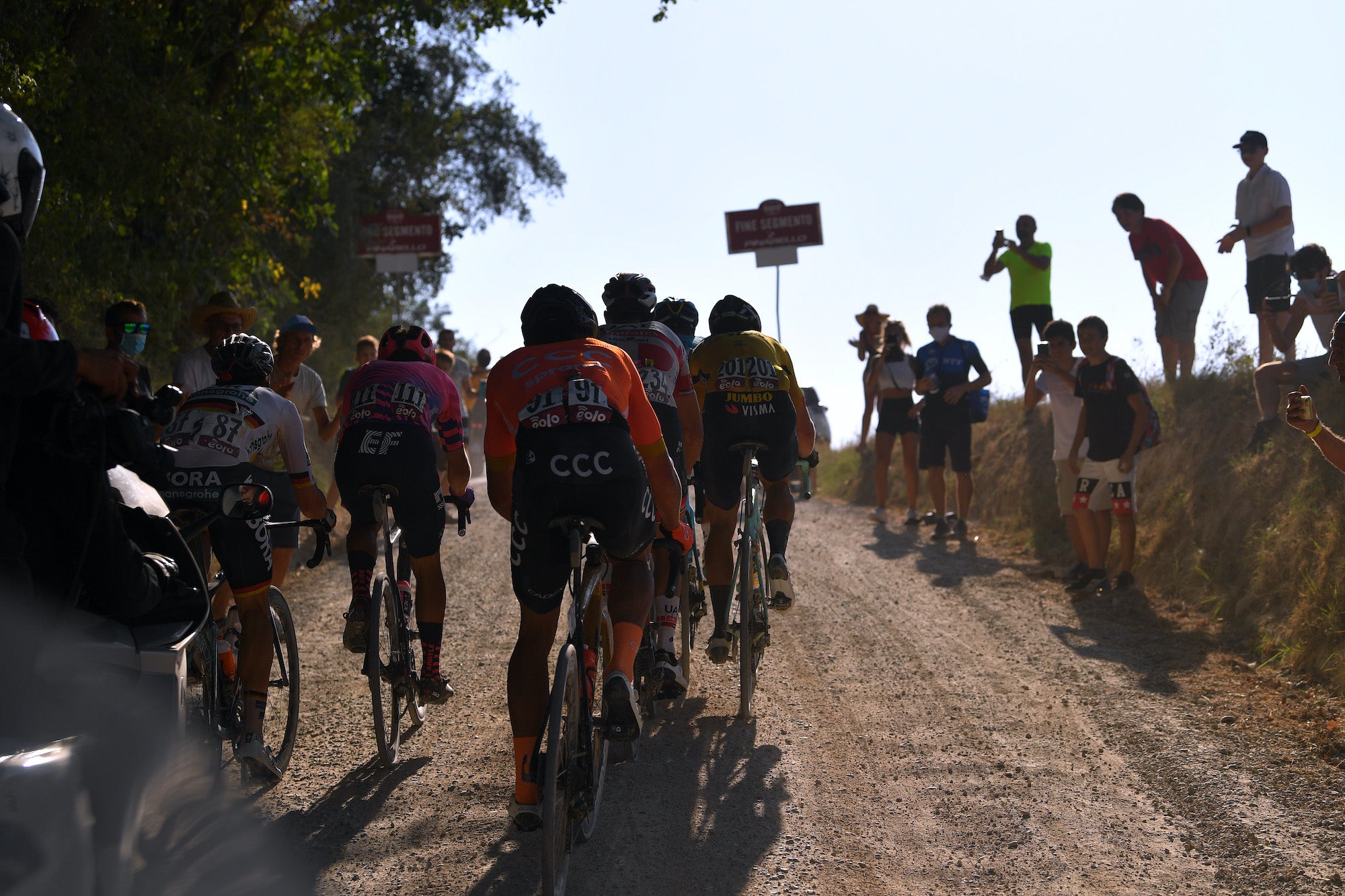 SIENA, ITALY - AUGUST 01: Maximilian Schachmann of Germany and Team Bora-Hansgrohe / Alberto Bettiol of Italy and Team EF Pro Cycling / Greg Van Avermaet of Belgium and CCC Team / Wout van Aert of Belgium and Team Jumbo-Visma / Fans / Public / Peloton / during the Eroica - 14th Strade Bianche 2020 - Men a 184km race from Siena to Siena-Piazza del Campo / #StradeBianche / on August 01, 2020 in Siena, Italy. (