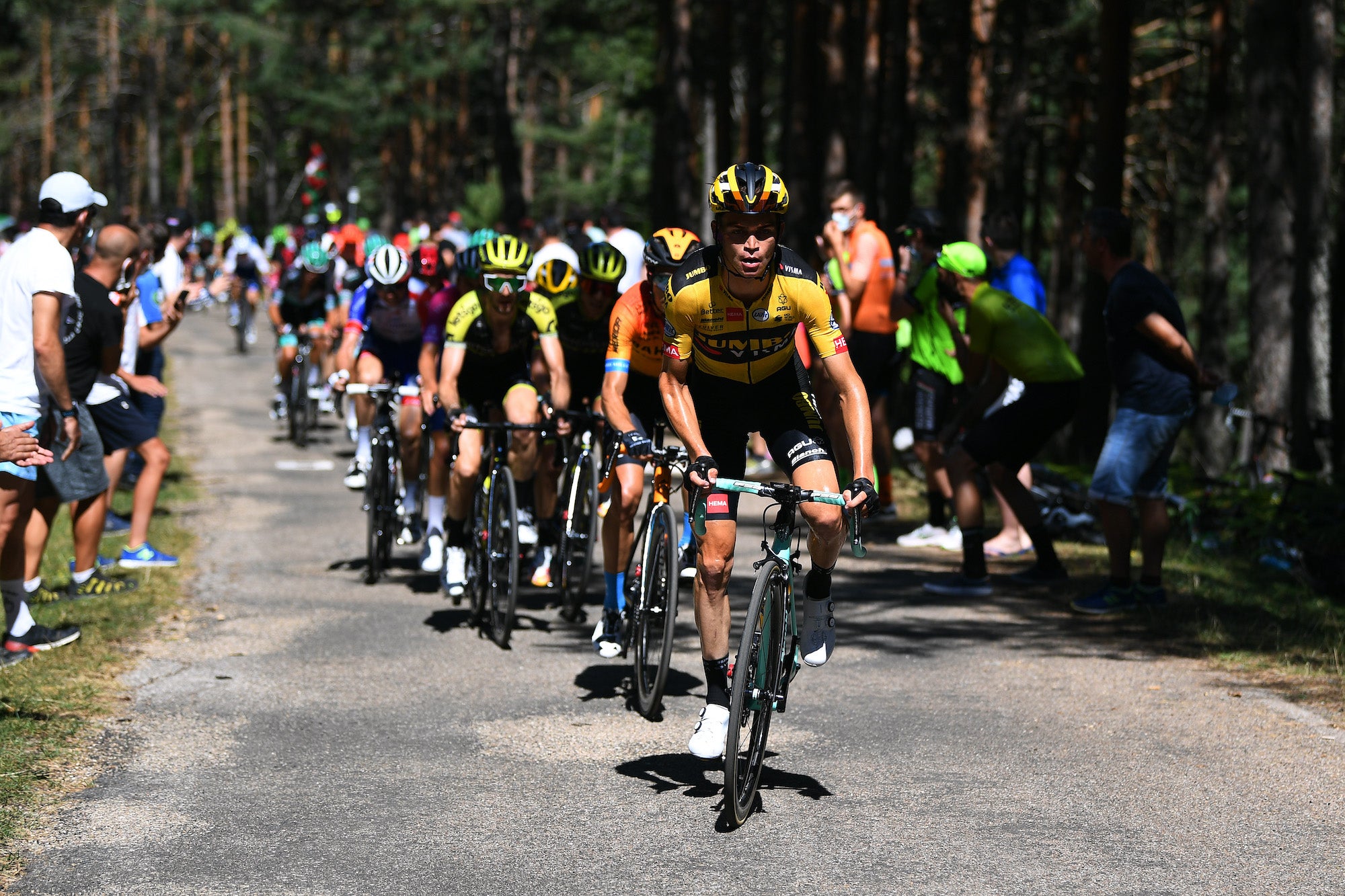 Kuss drives the pace on the final climb to Lagunas de Neila at Burgos stage 5. (Photo by David Ramos/Getty Images)