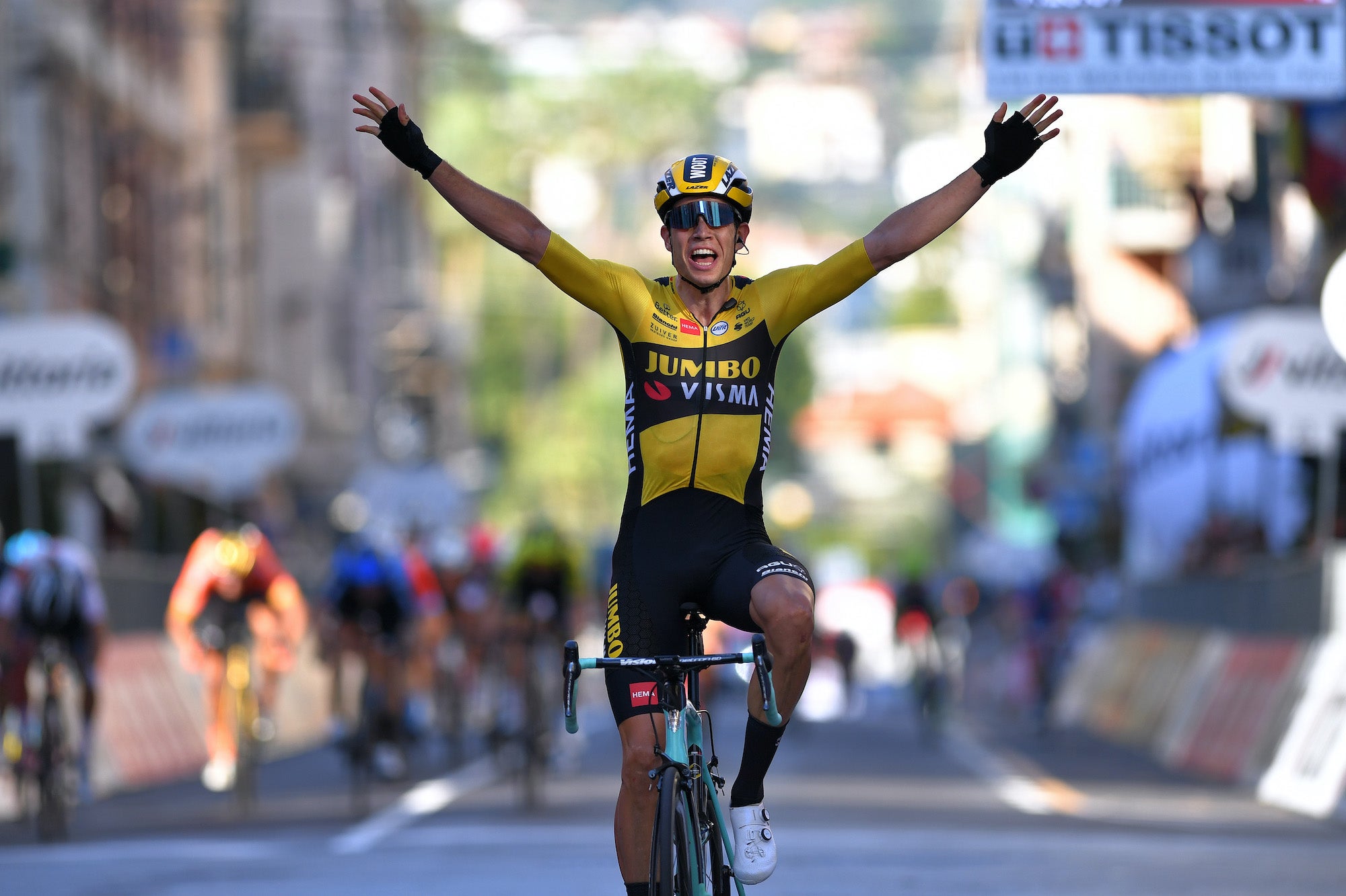 Van Aert celebrates his first monument victory. Photo: Tim de Waele/Getty Images