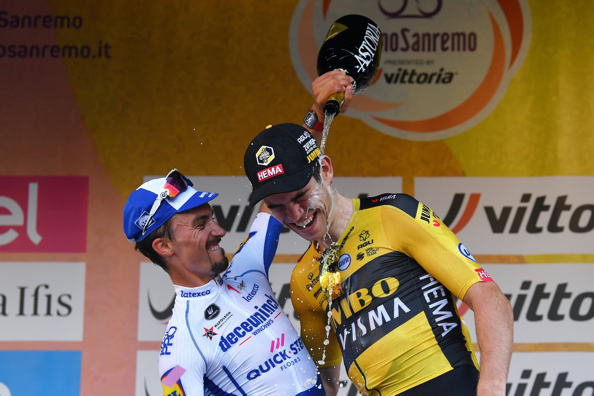 Van Aert and Alaphilippe celebrate the one-two at Sanremo. Photo: Tim de Waele/Getty Images