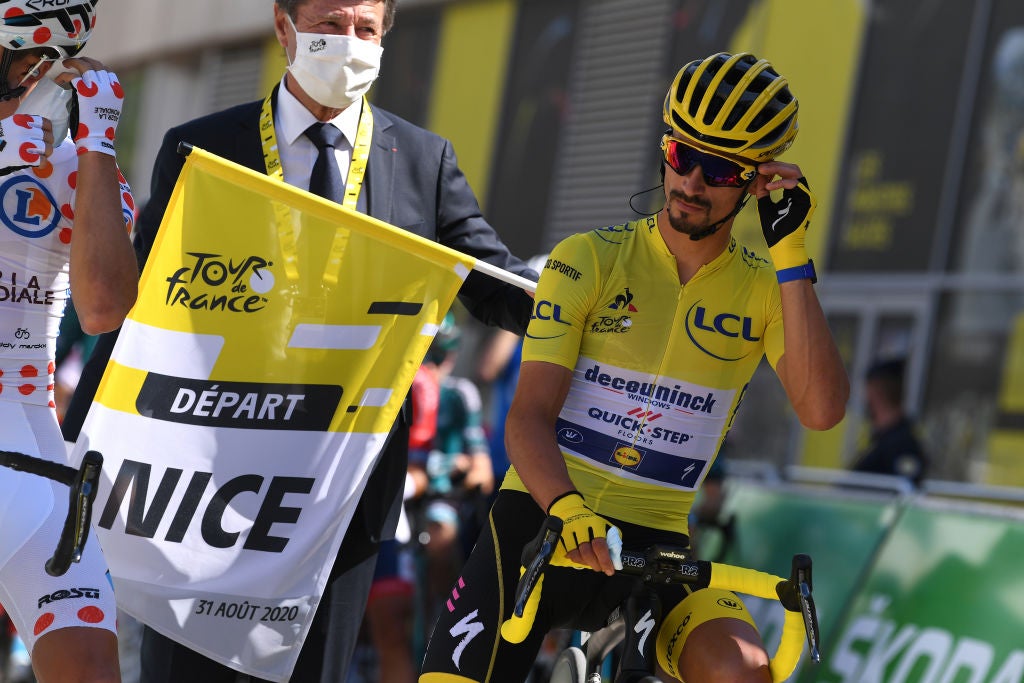 SISTERON, FRANCE - AUGUST 31: Start / Julian Alaphilippe of France and Team Deceuninck - Quick-Step Yellow Leader Jersey / during the 107th Tour de France 2020, Stage 3 a 198km stage from Nice to Sisteron 488m / #TDF2020 / @LeTour / on August 31, 2020 in Sisteron, France. (Photo by Tim de Waele/Getty Images)