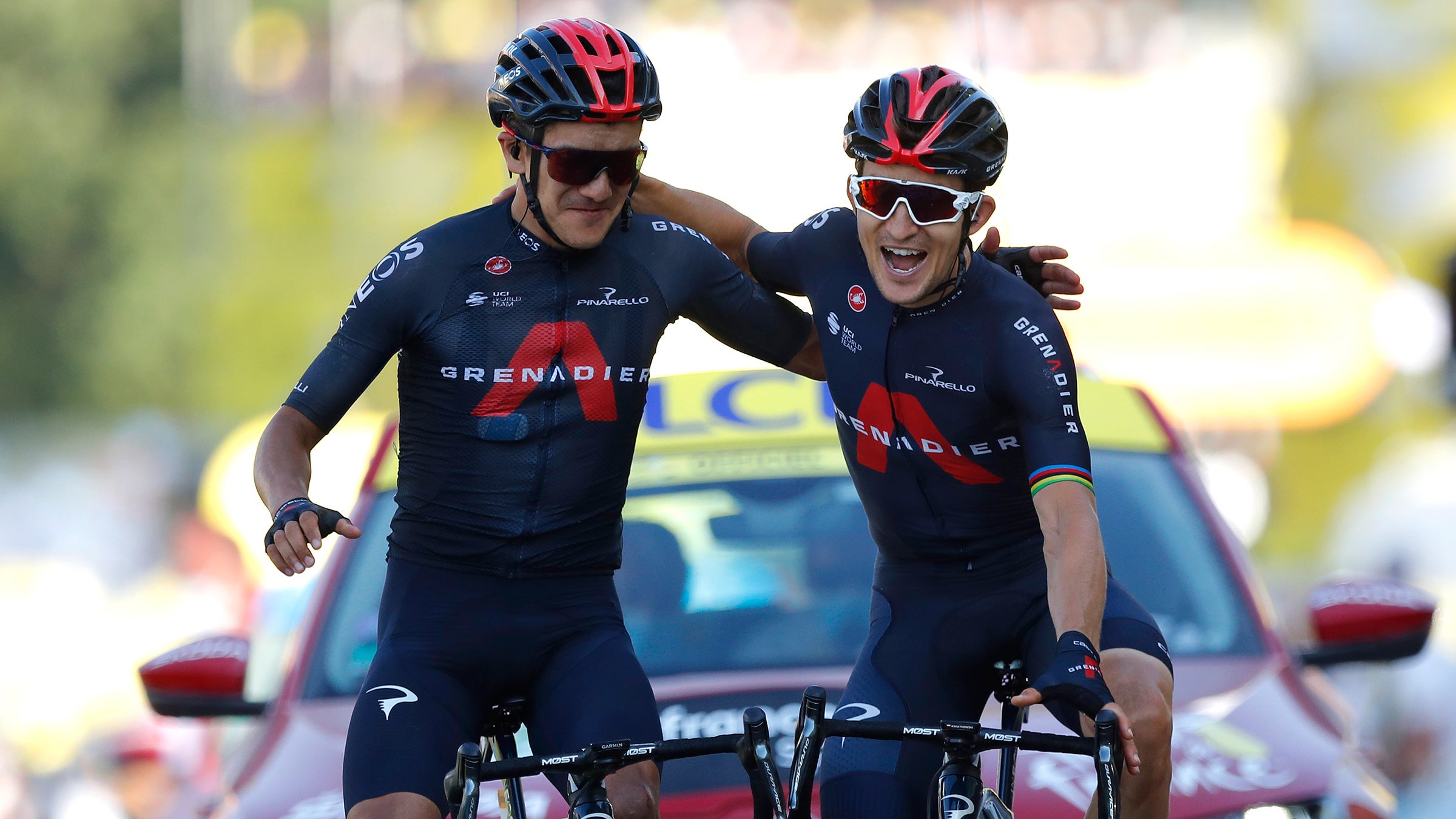 Michal Kwiatokowski and Richard Carapaz of Ineos Grenadiers crossing the finish line on stage 18 of the 2020 Tour de France