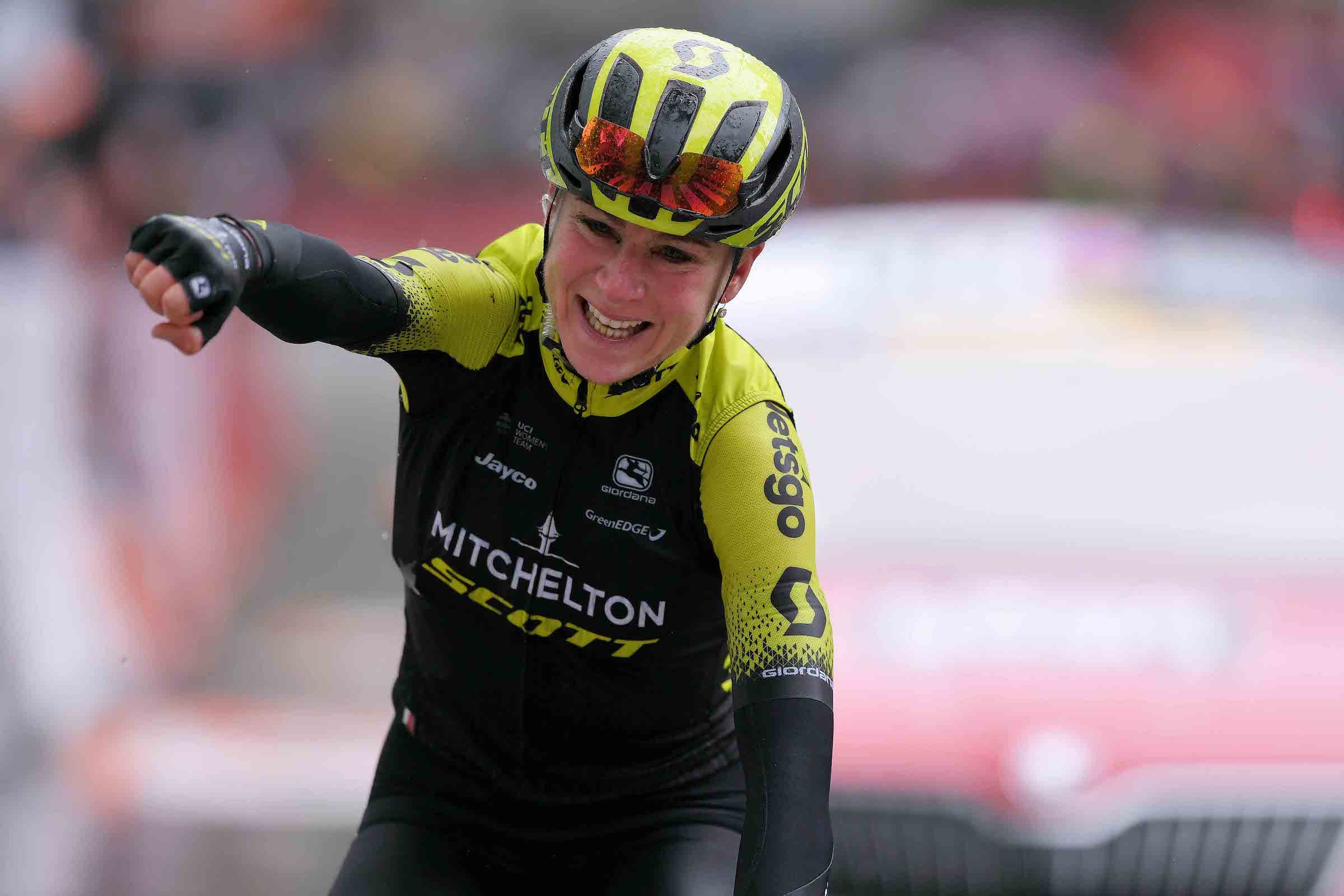 LIEGE, BELGIUM - APRIL 28: Arrival / Annemiek Van Vleuten of The Netherlands and Team Mitchelton-Scott / Celebration / during the 3rd Liège - Bastogne - Liège 2019, Women Elite a 138,5km race from Bastogne to Liege / #LBLwomen / @LiegeBastogneL / on April 28, 2019 in Liege, Belgium. (Photo by Luc Claessen/Getty Images)