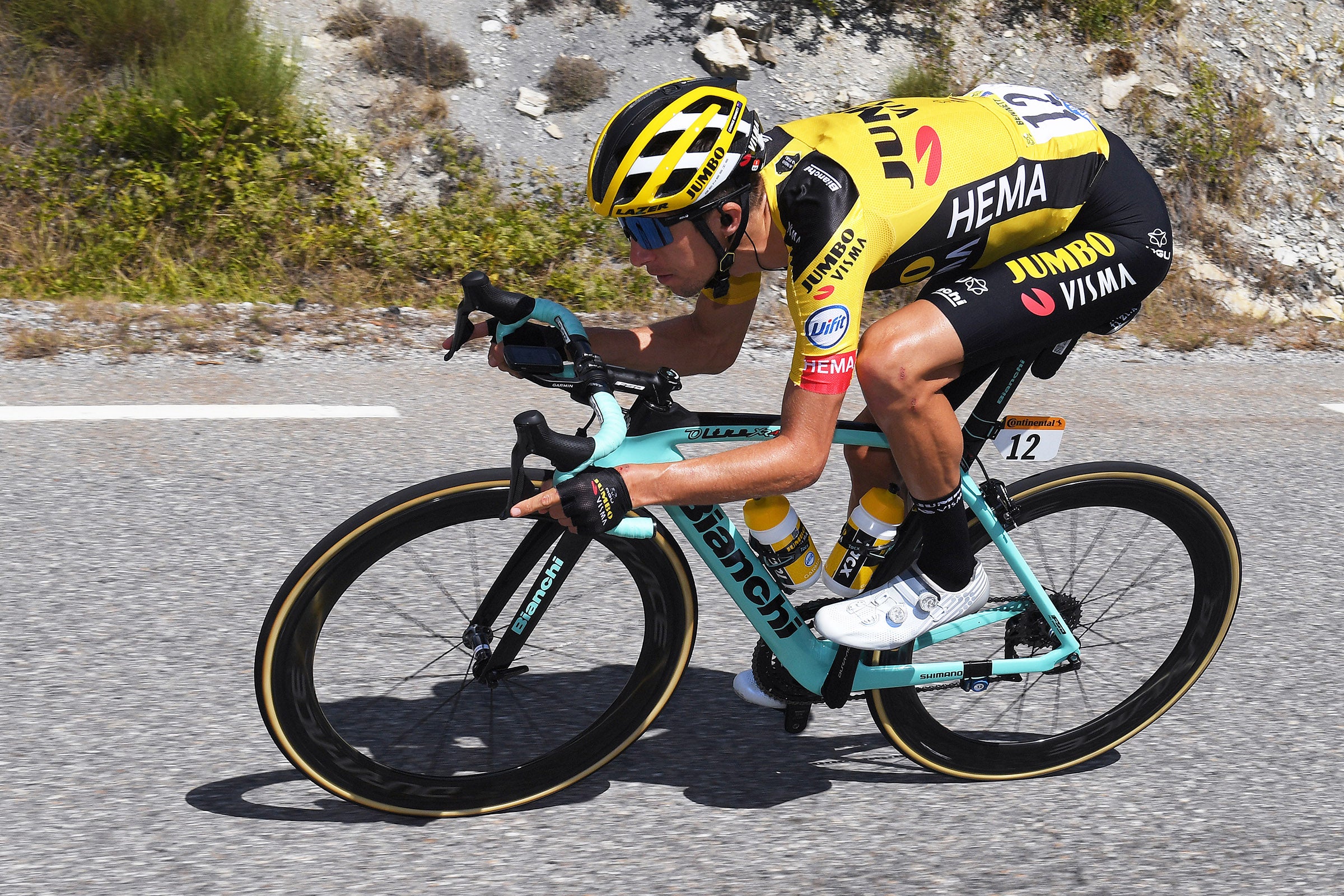 George Bennett (Jumbo-Visma) in his custom-painted Shimano S-Phyre shoes on stage 5 of the 2020 Tour de France.