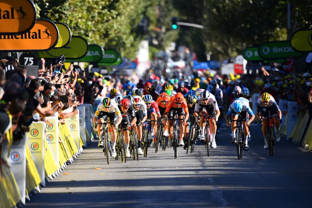 SISTERON, FRANCE - AUGUST 31: Arrival / Sprint / Sam Bennett of Ireland and Team Deceuninck - Quick-Step / Caleb Ewan of Australia and Team Lotto Soudal / Giacomo Nizzolo of Italy and NTT Pro Cycling Team / Hugo Hofstetter of France and Team Israel Start-Up Nation / Peter Sagan of Slovakia and Team Bora - Hansgrohe / Matteo Trentin of Italy and CCC Team / during the 107th Tour de France 2020, Stage 3 a 198km stage from Nice to Sisteron 488m / #TDF2020 / @LeTour / on August 31, 2020 in Sisteron, France. (Photo by Stuart Franklin/Getty Images,)