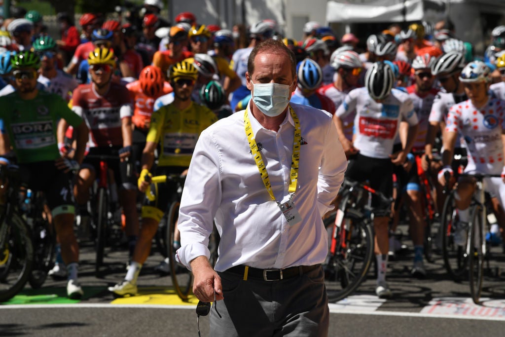 ORCIERES, FRANCE - SEPTEMBER 01: Start / Christian Prudhomme of France TDF Director ASO / during the 107th Tour de France 2020, Stage 4 a 160,5km stage from Sisteron to Orcieres-Merlette 1825m / #TDF2020 / @LeTour / on September 01, 2020 in Orcieres, France. (Photo by Tim de Waele/Getty Images)