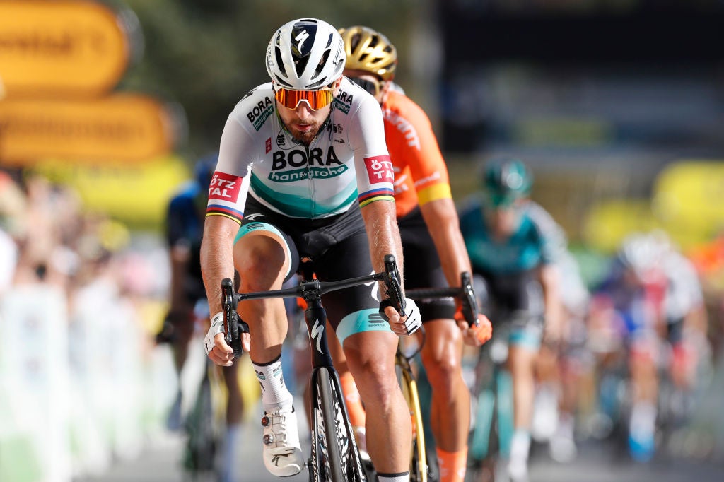 SARRAN CORRÈZE, FRANCE - SEPTEMBER 10: Arrival / Peter Sagan of Slovakia and Team Bora - Hansgrohe / during the 107th Tour de France 2020, Stage 12 a 218km stage from Chauvigny to Sarran Corrèze 658m / #TDF2020 / @LeTour / on September 10, 2020 in Sarran Corrèze, France. (Photo by Sebastien Nogier -