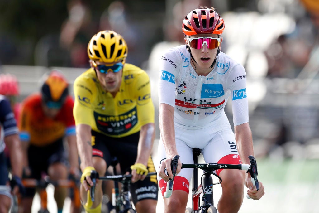 VILLARD-DE-LANS, FRANCE - SEPTEMBER 15: Arrival / Tadej Pogacar of Slovenia and UAE Team Emirates White Best Young Rider Jersey / Primoz Roglic of Slovenia and Team Jumbo - Visma Yellow Leader Jersey / during the 107th Tour de France 2020, Stage 16 a 164km stage from La Tour-Du-Pin to Villard-De-Lans 1152m - Auberge de la Côte 2000 / #TDF2020 / @LeTour / on September 15, 2020 in Villard-De-Lans, France. (Photo by Sebastien Nogier - Pool/Getty Images)