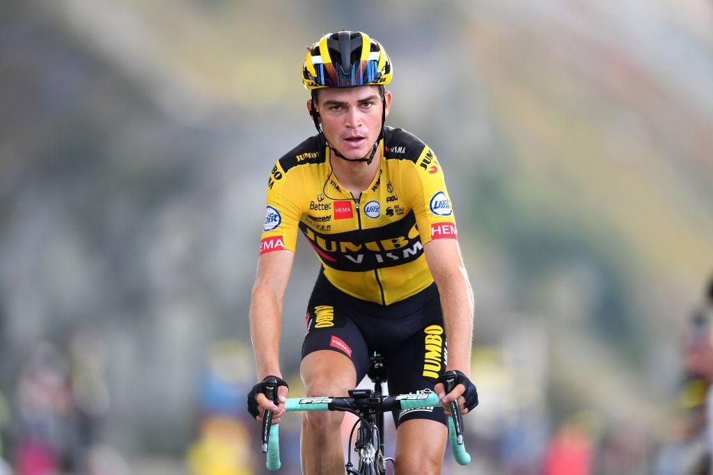 MERIBEL, FRANCE - SEPTEMBER 16: Arrival / Sepp Kuss of The United States and Team Jumbo - Visma / Col de la Loze (2304m) / during the 107th Tour de France 2020, Stage 17 a 170km stage from Grenoble to Méribel - Col de la Loze 2304m / #TDF2020 / @LeTour / on September 16, 2020 in Méribel, France. (Photo by Stuart Franklin/Getty Images,)