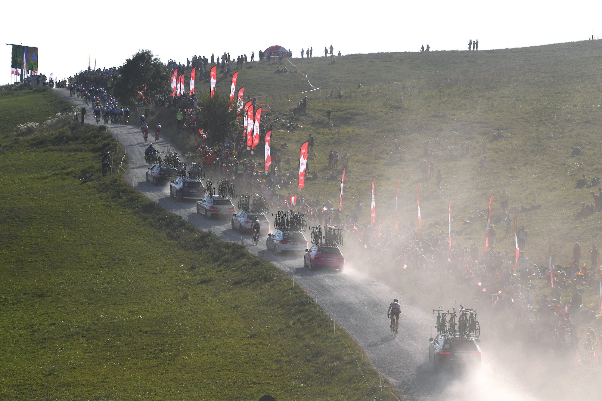 LA ROCHE-SUR-FORON, FRANCE - SEPTEMBER 17: Frederik Frison of Belgium and Team Lotto Soudal / Roger Kluge of Germany and Team Lotto Soudal / Cars / Mont√©e du plateau des Gli√®res (1390m) / Dust / Gravel / Landscape / during the 107th Tour de France 2020, Stage 18 a 175km stage from M√©ribel to La Roche sur Foron 543m / #TDF2020 / @LeTour / on September 17, 2020 in La Roche-sur-Foron, France. (Photo by Tim de Waele/Getty Images)
