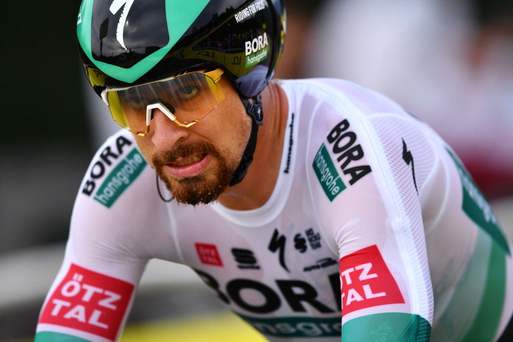 LA PLANCHE, FRANCE - SEPTEMBER 19: Arrival / Peter Sagan of Slovakia and Team Bora - Hansgrohe / during the 107th Tour de France 2020, Stage 20 a 36,2km Individual Time Trial stage from Lure to La Planche Des Belles Filles 1035m / ITT / #TDF2020 / @LeTour / on September 19, 2020 in La Planche, France. (Photo by Stuart Franklin/Getty Images,)