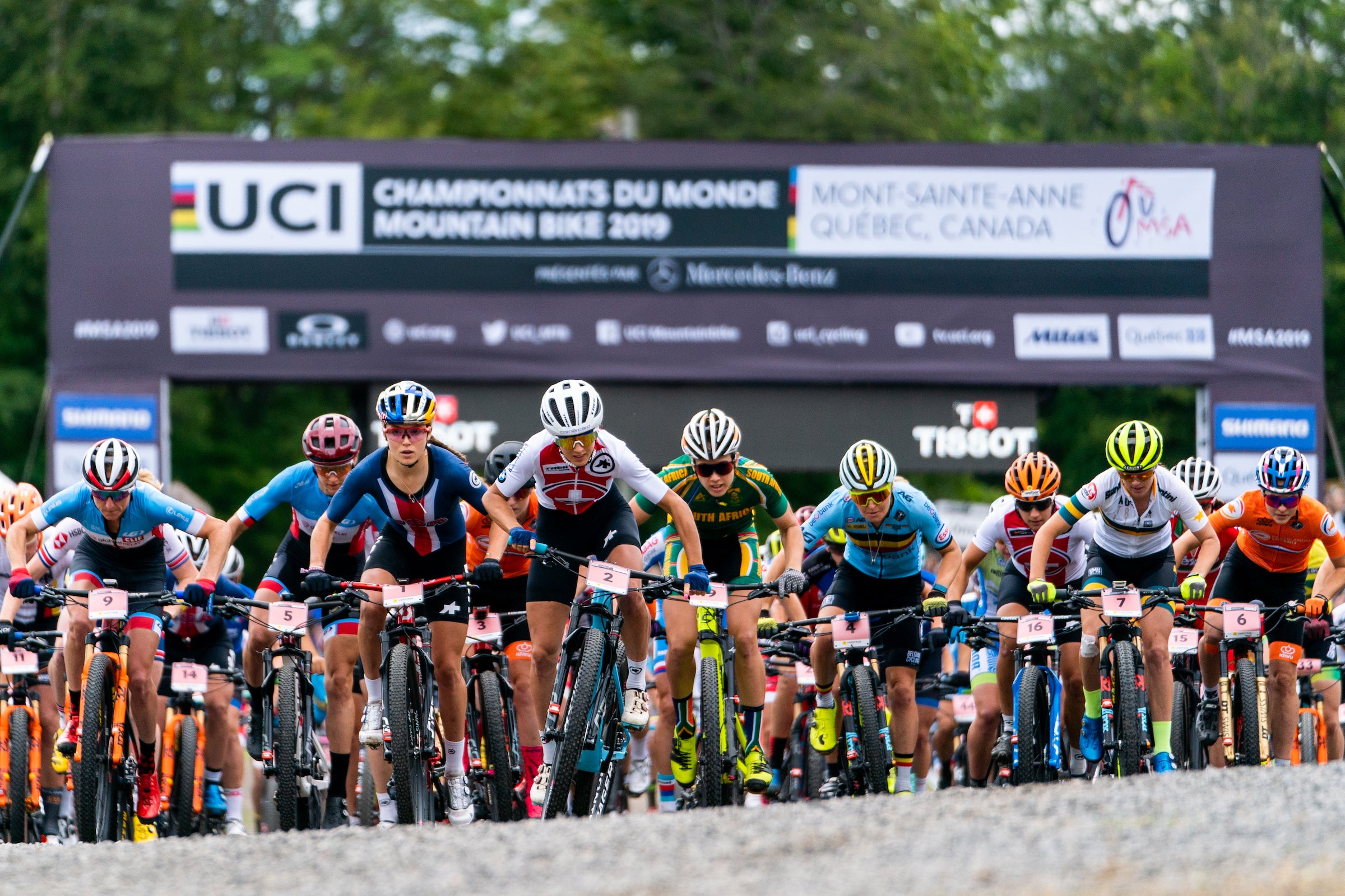 BEAUPRE, QC - AUGUST 31: Cyclists start the Women's Elite Cross-country Olympic distance race at the UCI Mountain Bike World Championships at Mont-Sainte-Anne on August 31, 2019 in Beaupre, Canada. (Photo by Dustin Satloff/Getty Images) *** Local Caption *** Kate Courtney, Jolanda Neff; Catharine Pendrel; Githa Michiels