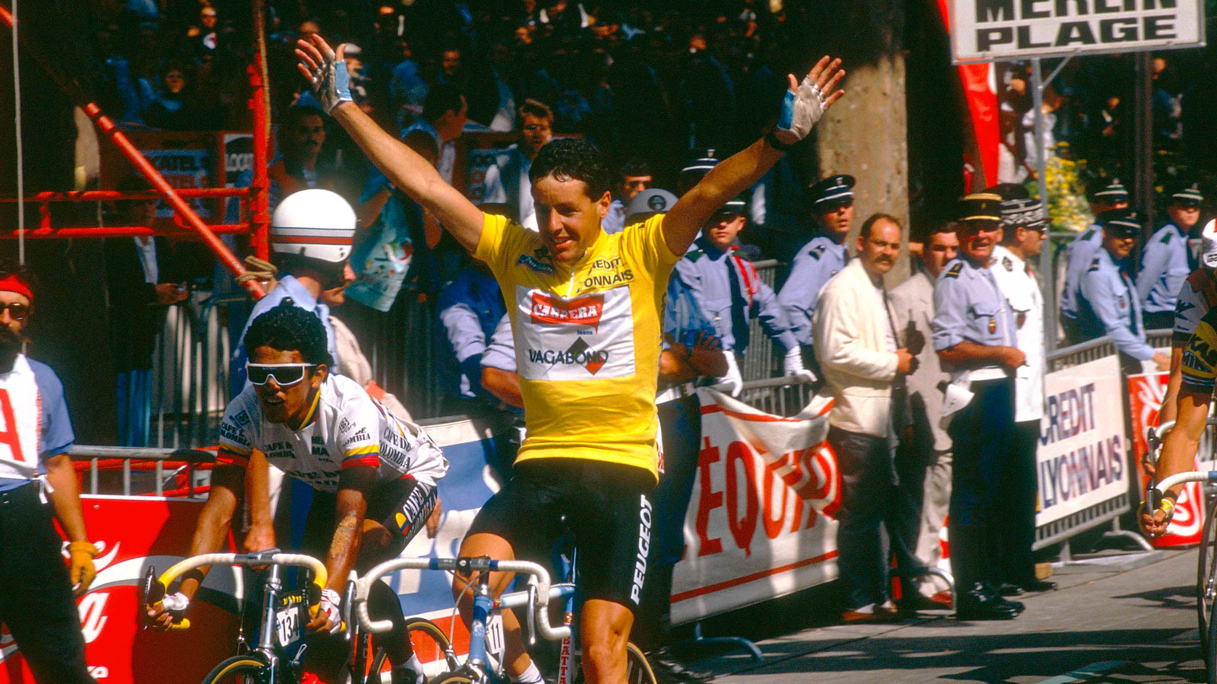 Stephen Roche celebrates a win at the 1987 Tour de France