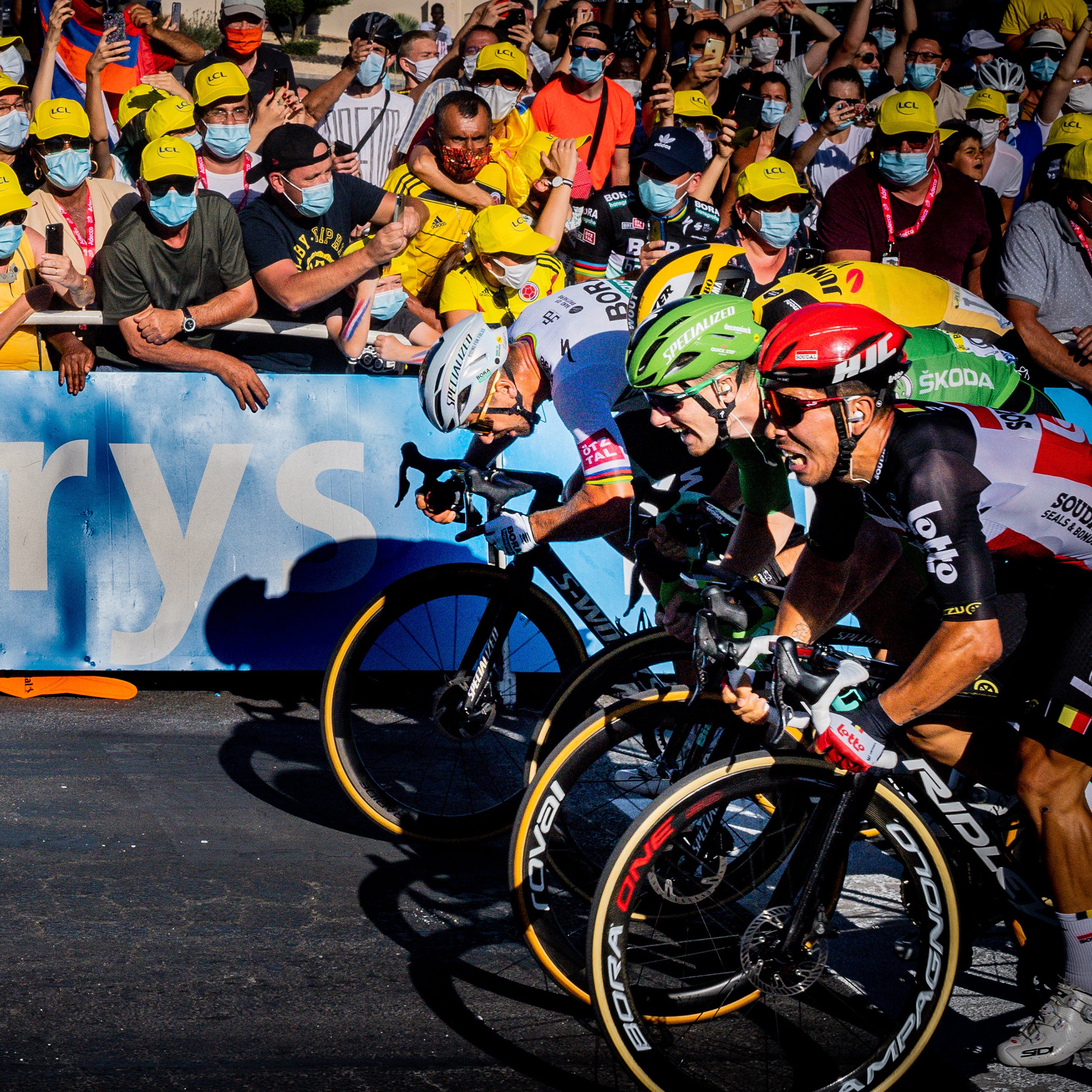 Caleb Ewan, Sam Bennett, Wout van Aert, and Peter Sagan battling for the line on stage 11 of the 2020 Tour de France