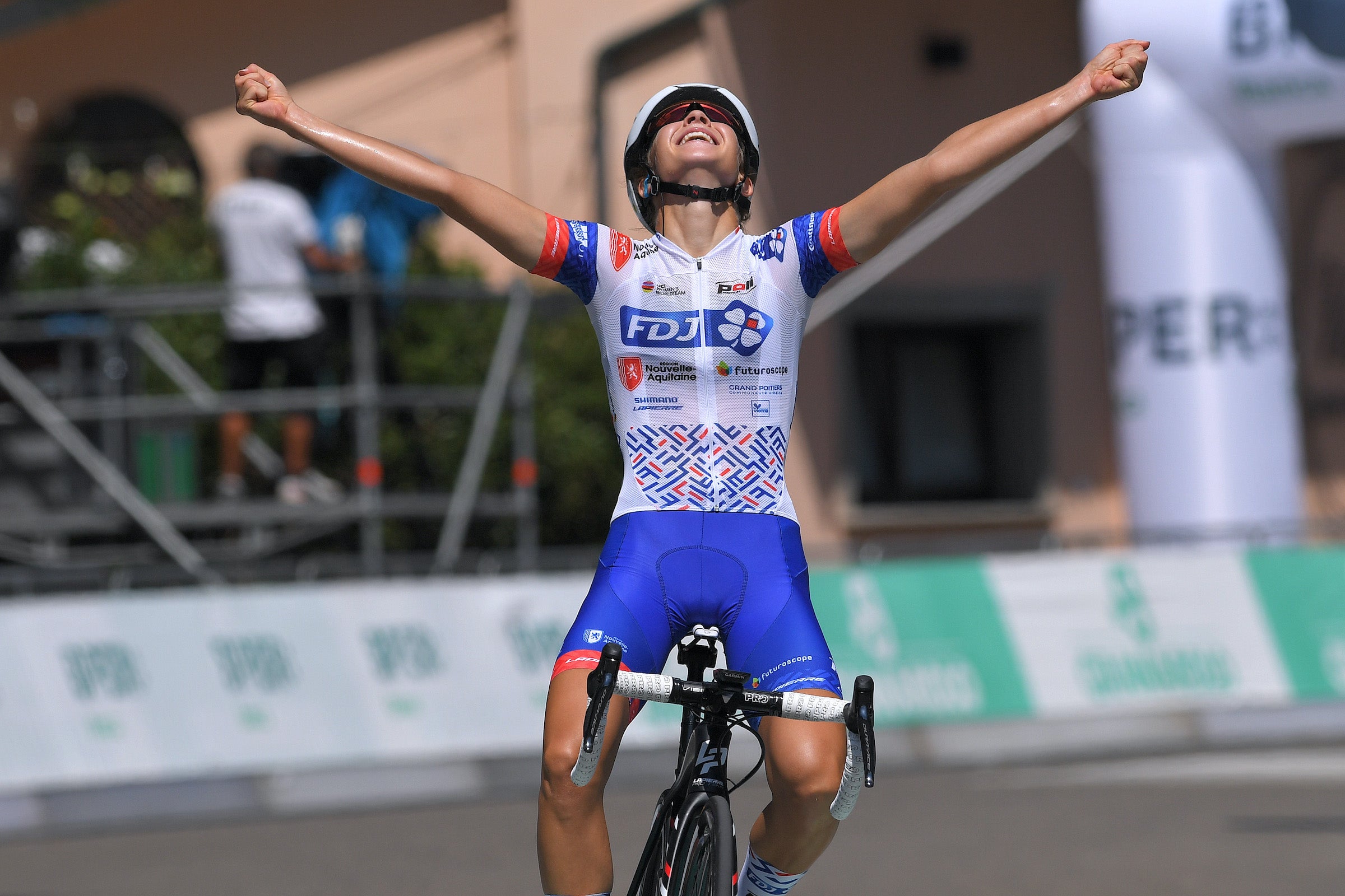 BOLOGNA, ITALY - AUGUST 18: aCecilie Uttrup Ludwig of Denmark and Team FDJ Nouvelle-Aquitaine Futuroscope / Celebration / during the 103rd Giro dell'Emilia 2020, Men Elite a 199,7km race from Casalecchio di Reno to San Luca - Bologna 268m / @gsemilia / #GiroDellEmilia / on August 18, 2020 in Bologna, Italy. (Photo by Tim de Waele/Getty Images)