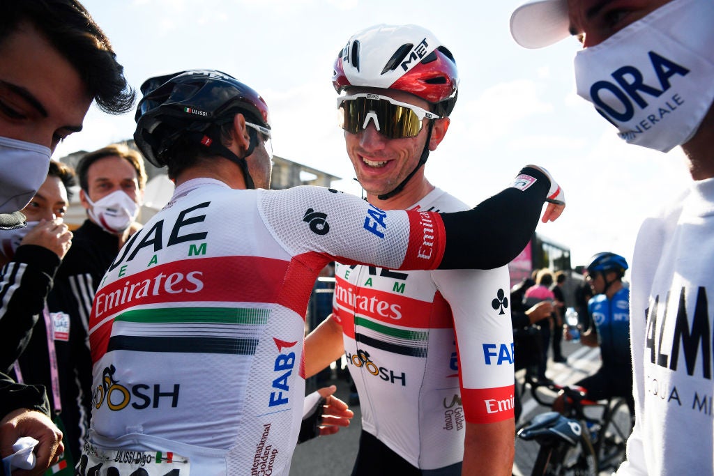 MONSELICE, ITALY - OCTOBER 16: Arrival / Diego Ulissi of Italy and UAE Team Emirates / Brandon Mcnulty of The United States and UAE Team Emirates / Celebration / during the 103rd Giro d'Italia 2020, Stage 13 a 192km stage from from Cervia to Monselice / @girodiitalia / #Giro / on October 16, 2020 in Monselice, Italy.