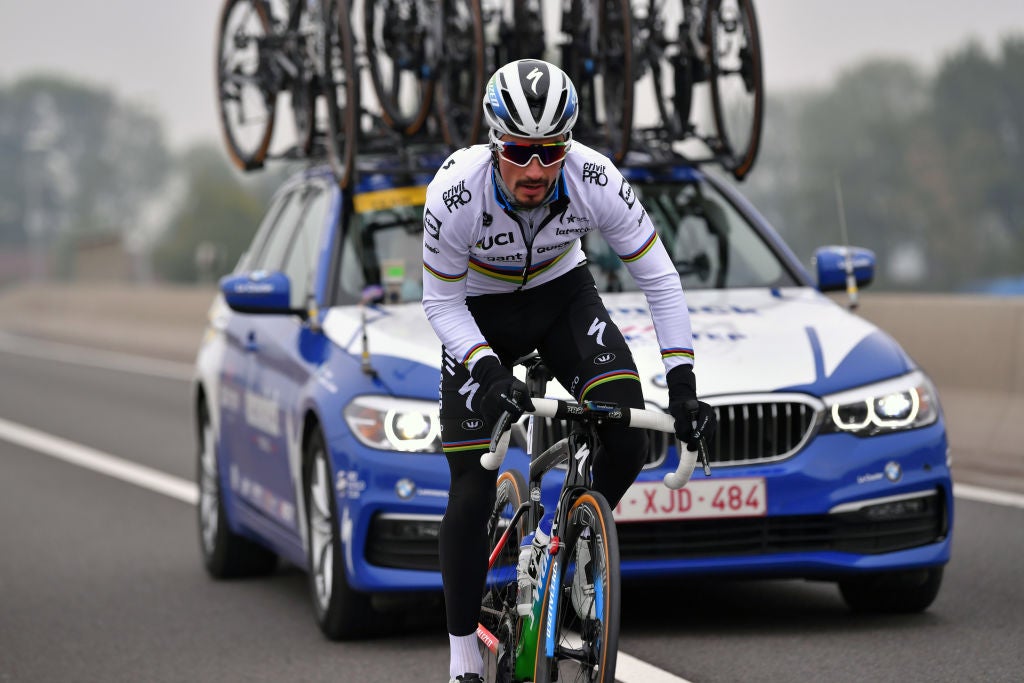 OUDENAARDE, BELGIUM - OCTOBER 18: Start / Julian Alaphilippe of France and Team Deceuninck - Quick-Step World Champion Jersey / during the 104th Tour of Flanders 2020 - Ronde van Vlaanderen - Men Elite a 243,3km race from Antwerpen to Oudenaarde / #RVV20 / @FlandersClassic / on October 18, 2020 in Oudenaarde, Belgium. (Photo by Luc Claessen/Getty Images)