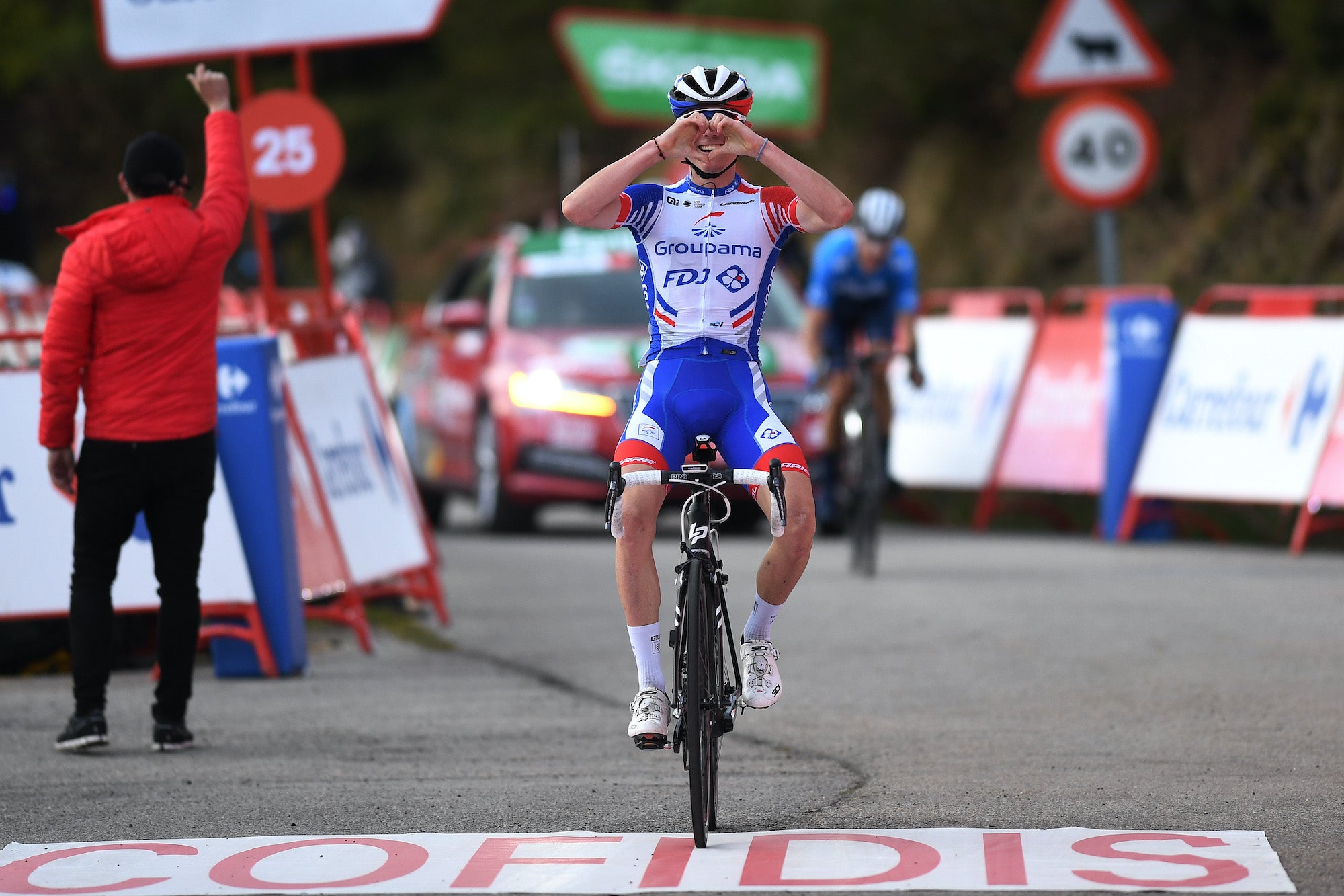 ALTO DE LA FARRAPONA. LAGOS DE SOMIEDO, SPAIN - OCTOBER 31: Arrival / David Gaudu of France and Team Groupama - FDJ / Celebration / during the 75th Tour of Spain 2020, Stage 11 a 170km stage from Villaviciosa to Alto de La Farrapona. Lagos de Somiedo 1708m / @lavuelta / #LaVuelta20 / La Vuelta / on October 31, 2020 in Alto de La Farrapona. Lagos de Somiedo, Spain. (Photo by David Ramos/Getty Images)