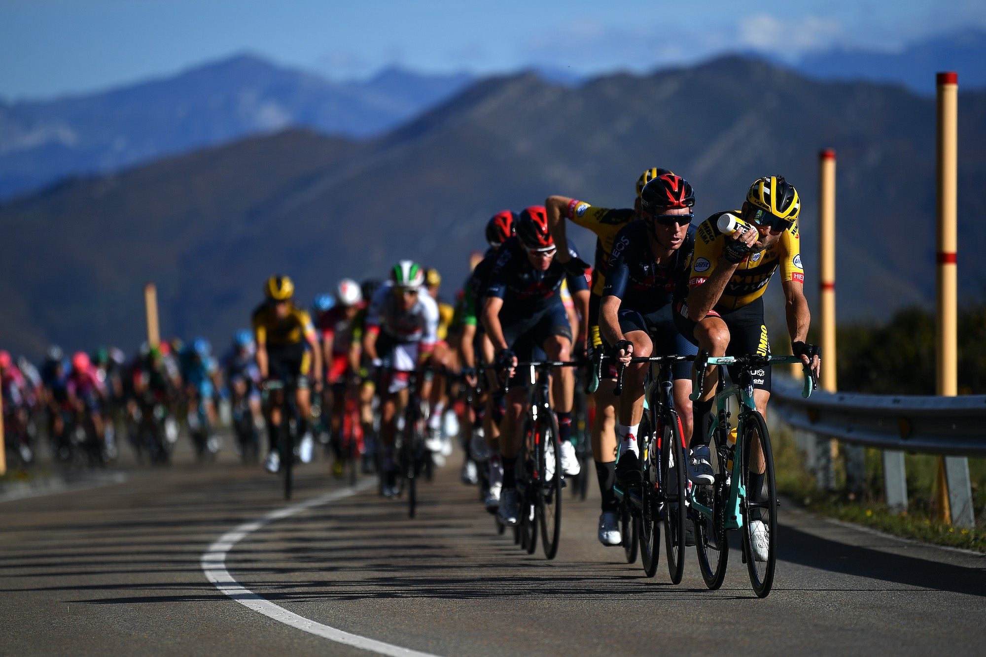 ALTO DE LA FARRAPONA. LAGOS DE SOMIEDO, SPAIN - OCTOBER 31: Paul Martens of Germany and Team Jumbo - Visma / Feeding / Cameron Wurf of Australia and Team INEOS - Grenadiers / Peloton / during the 75th Tour of Spain 2020, Stage 11 a 170km stage from Villaviciosa to Alto de La Farrapona. Lagos de Somiedo 1708m / @lavuelta / #LaVuelta20 / La Vuelta / on October 31, 2020 in Alto de La Farrapona. Lagos de Somiedo, Spain. (Photo by Justin Setterfield/Getty Images)