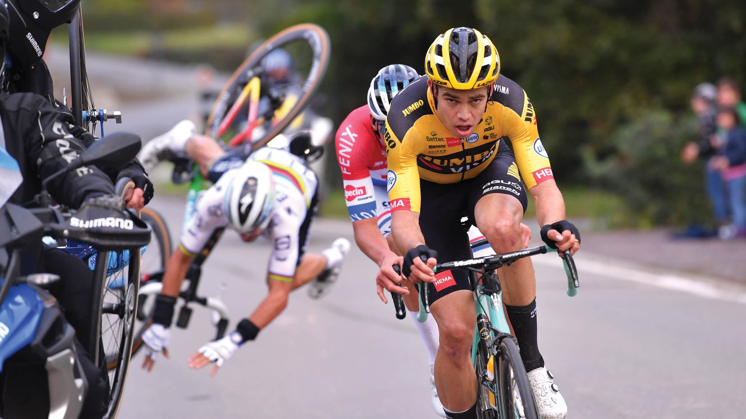Van Aert leads while Alaphilippe flips in midair behind him