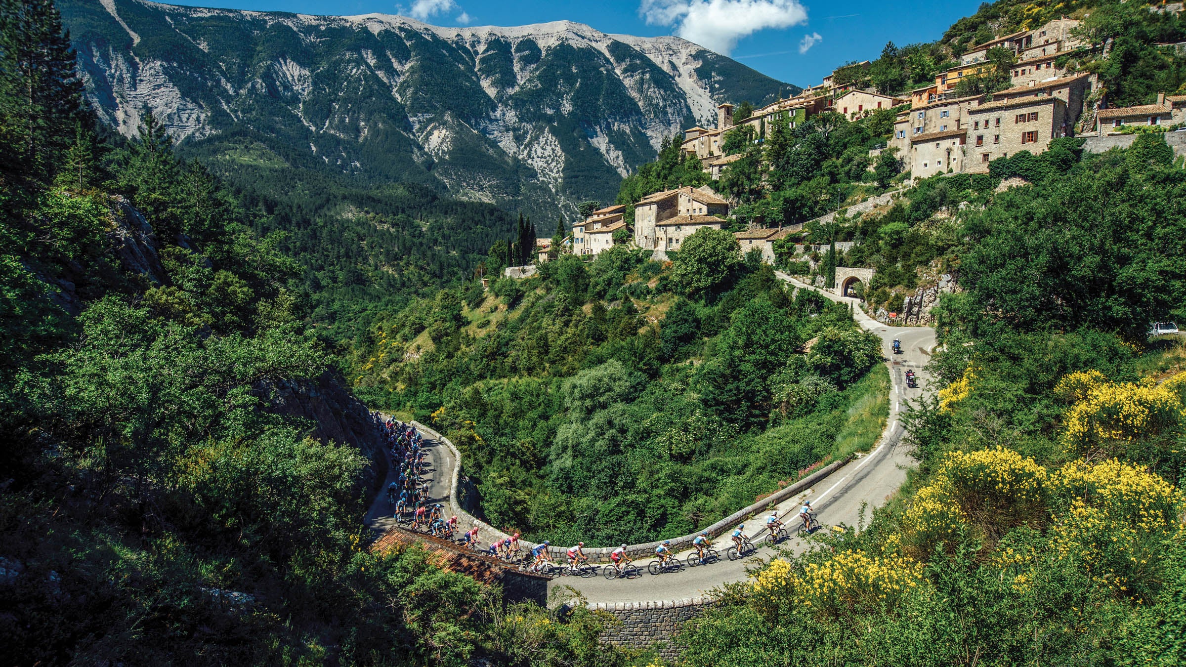 Cyclists riding up a curving mountain road at the Ventoux Challenge