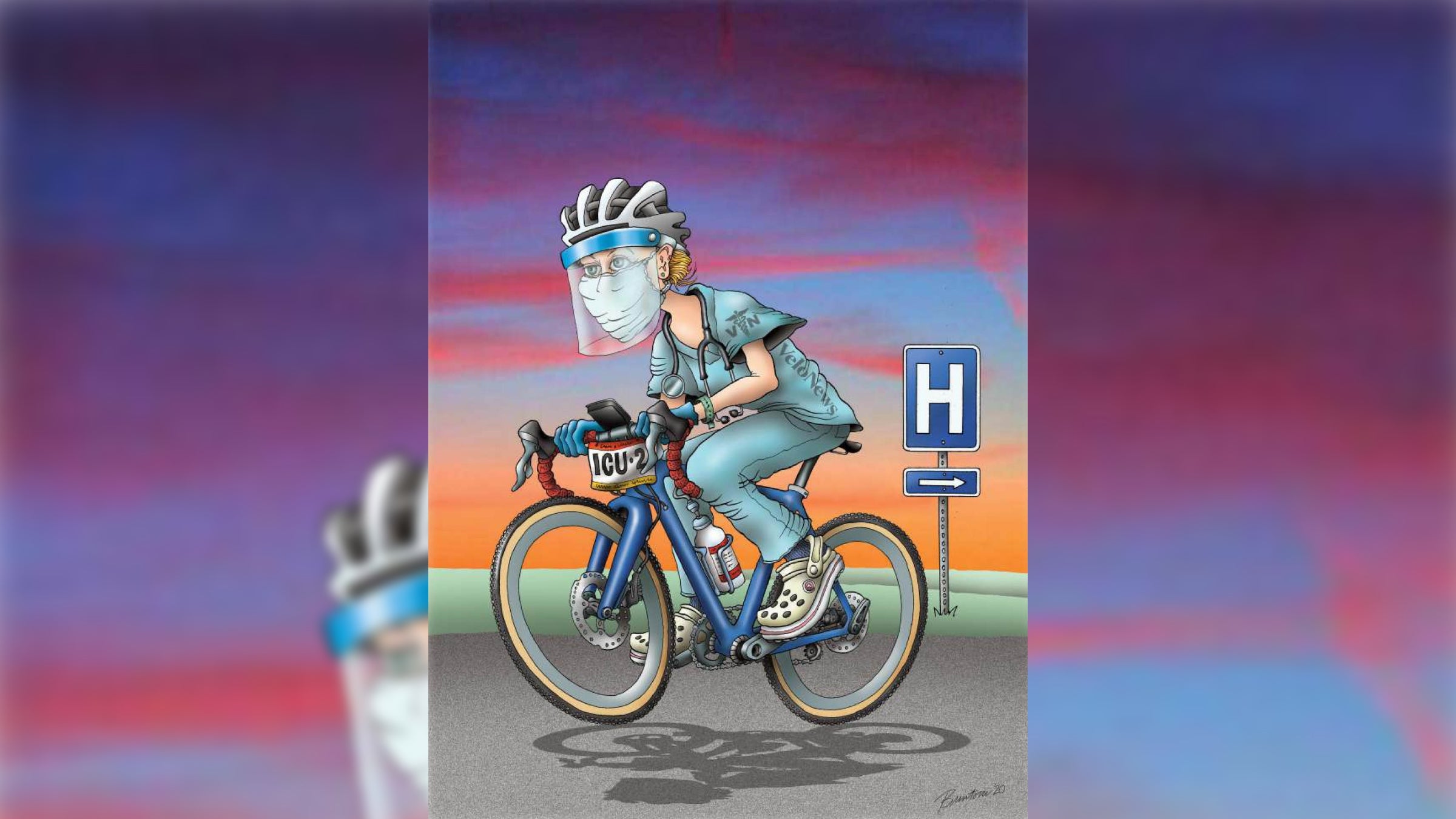 Illustration of woman in scrubs, facemask, and face shield riding a bike
