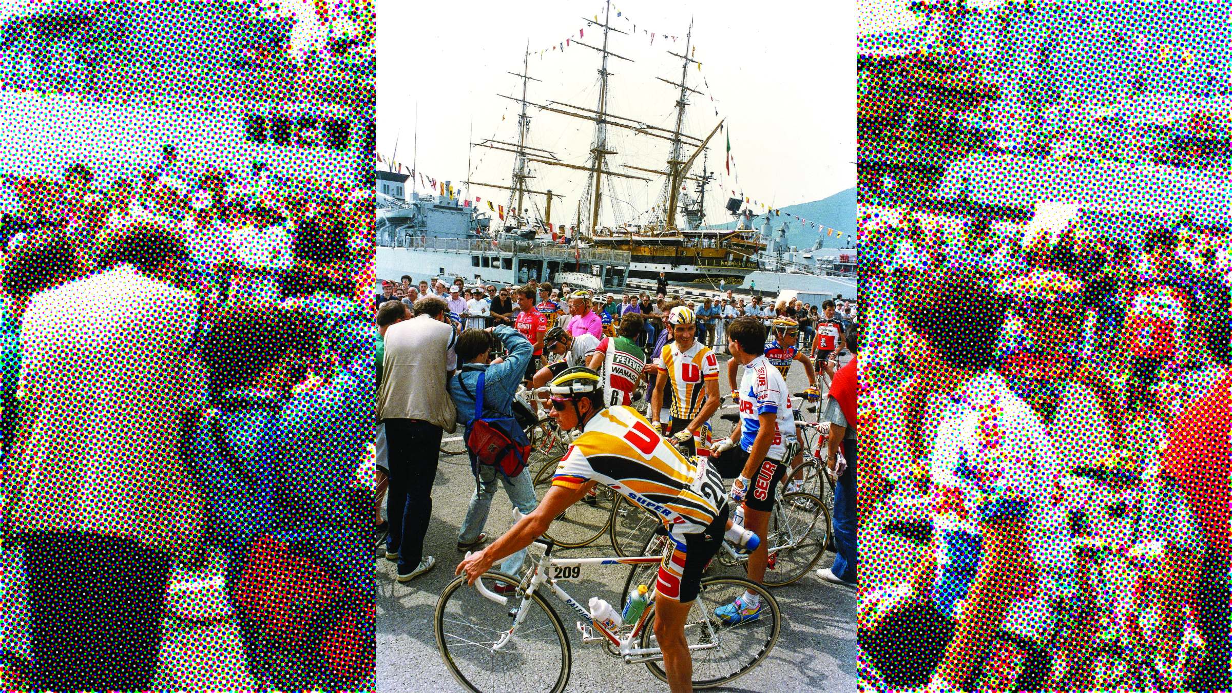 Riders in front of a warship
