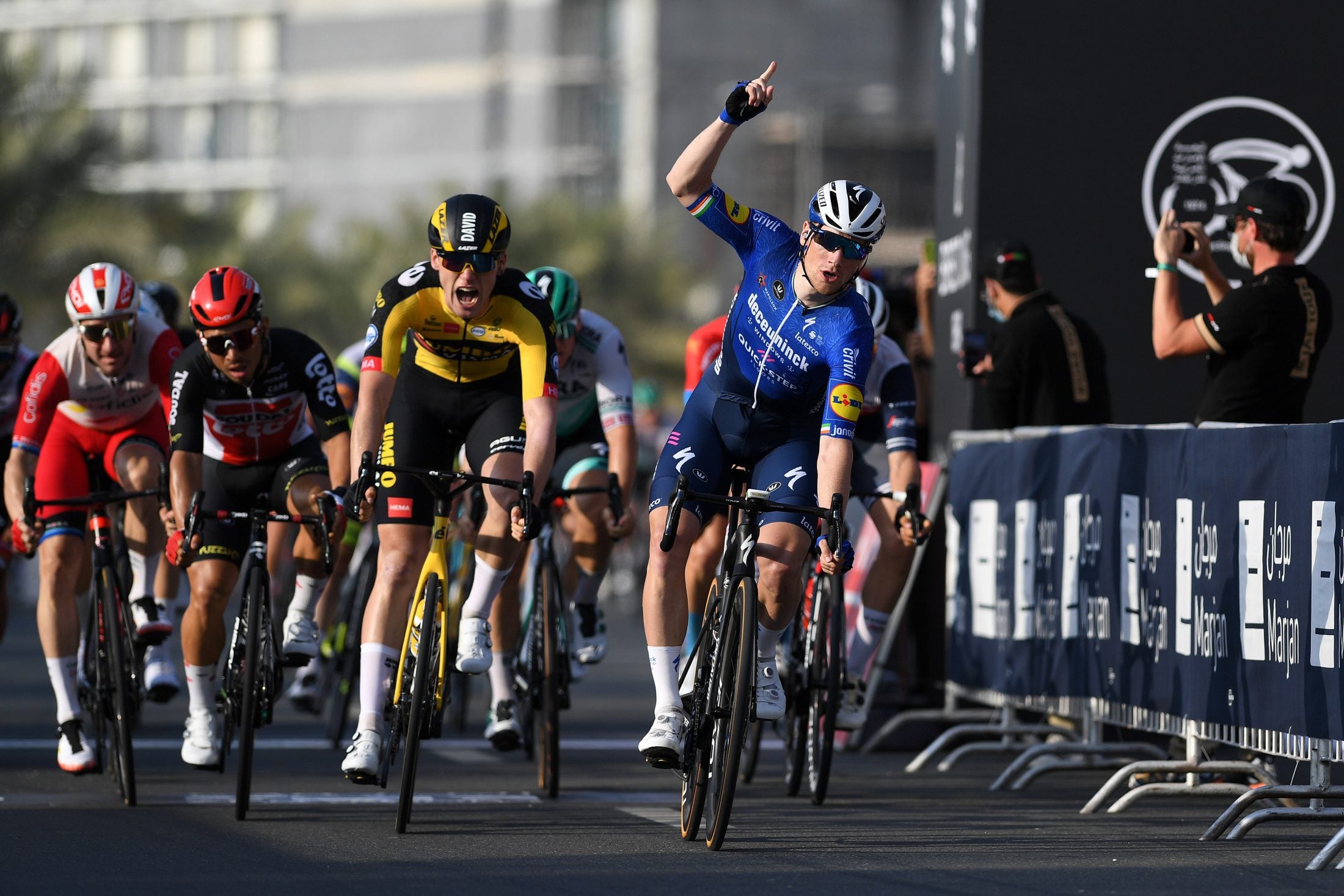 AL MARJAN ISLAND, UNITED ARAB EMIRATES - FEBRUARY 24: Arrival / Sam Bennett of Ireland and Team Deceuninck - Quick-Step Celebration, David Dekker of The Netherlands and Team Jumbo-Visma, Caleb Ewan of Australia and Team Lotto Soudal, Elia Viviani of Italy and Team Cofidis during the 3rd UAE Tour 2021, Stage 4 a 204km stage from Al Marjan Island to Al Marjan Island / #UAETour / on February 24, 2021 in Al Marjan Island, United Arab Emirates. (Photo by Tim de Waele/Getty Images)