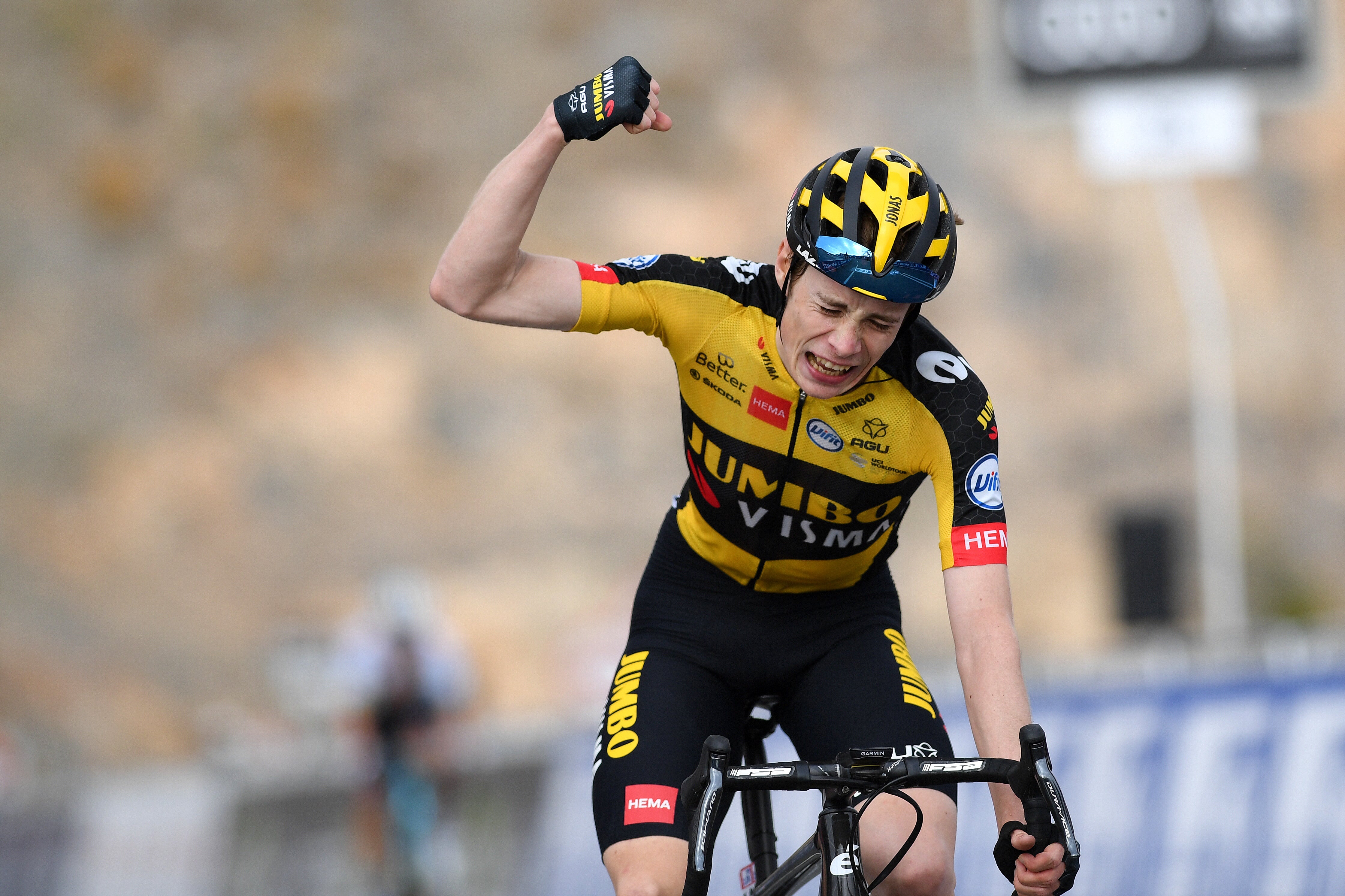 JEBEL JAISON, UNITED ARAB EMIRATES - FEBRUARY 25: Arrival / Jonas Vingegaard of Denmark and Team Jumbo-Visma Celebration, during the 3rd UAE Tour 2021, Stage 5 a 170km stage from Fujairah Marine Club to Jebel Jaison 1489m / Jebel Jaison (1489m) / #UAETour / February 25, 2021 in Jebel Jaison, United Arab Emirates. (Photo by Tim de Waele/Getty Images)