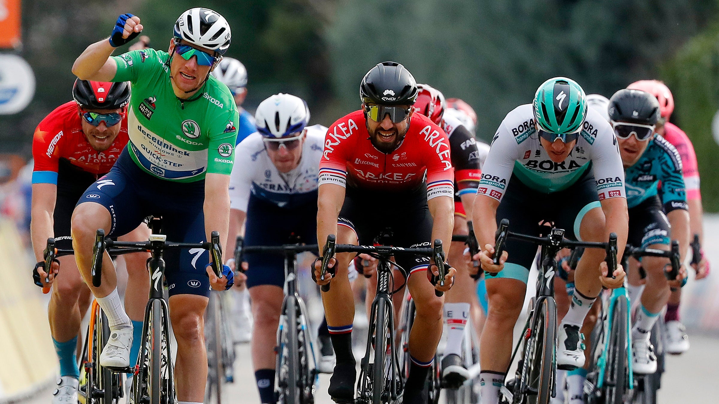 BOLLÈNE, FRANCE - MARCH 11: Arrival / Sam Bennett of Ireland and Team Deceuninck - Quick-Step Green sprint jersey Celebration, Nacer Bouhanni of France and Team Arkea - Samsic, Pascal Ackermann of Germany and Team Bora - Hansgrohe during the 79th Paris - Nice 2021, Stage 5 a 200km stage from Vienne to Bollène / #ParisNice / on March 11, 2021 in Bollène, France.