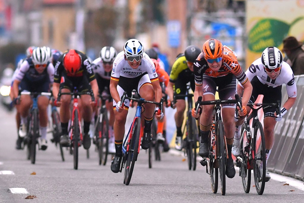 DE PANNE, BELGIUM - OCTOBER 20: Sprint / Arrival / Jolien D'hoore of Belgium and Boels Dolmans Cycling Team Disqualified / Lorena Wiebes of The Netherlands and Team Sunweb / Lisa Brennauer of Germany and Ceratizit – Wnt Pro Cycling Team / Lotte Kopecky of Belgium and Team Lotto Soudal Ladies / Sarah Roy of Australia and Team Mitchelton - Scott / Elisa Longo Borghini of Italy and Team Trek- Segafredo / Ellen Van Dijk of The Netherlands and Team Trek- Segafredo / Alice Barnes of The United Kingdom and Team Canyon Sram Racing / during the 3rd Driedaagse Brugge - De Panne 2020, Women Classic a 156,3km race from Brugge to De Panne / #AG3daagse / on October 20, 2020 in De Panne, Belgium. (Photo by Luc Claessen/Getty Images)