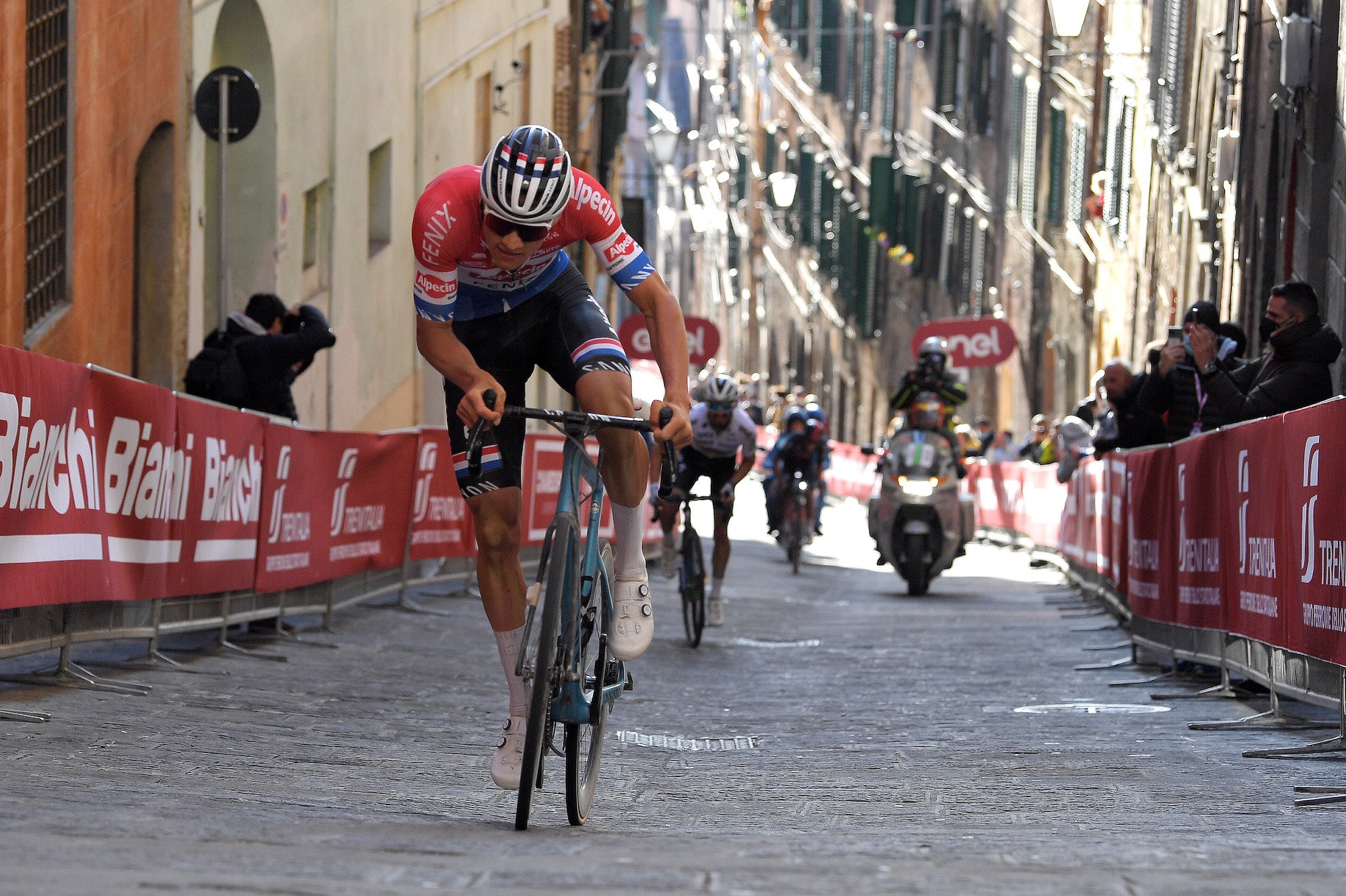 Van der Poel made two rocketship attacks to win Strade Bianche this year.