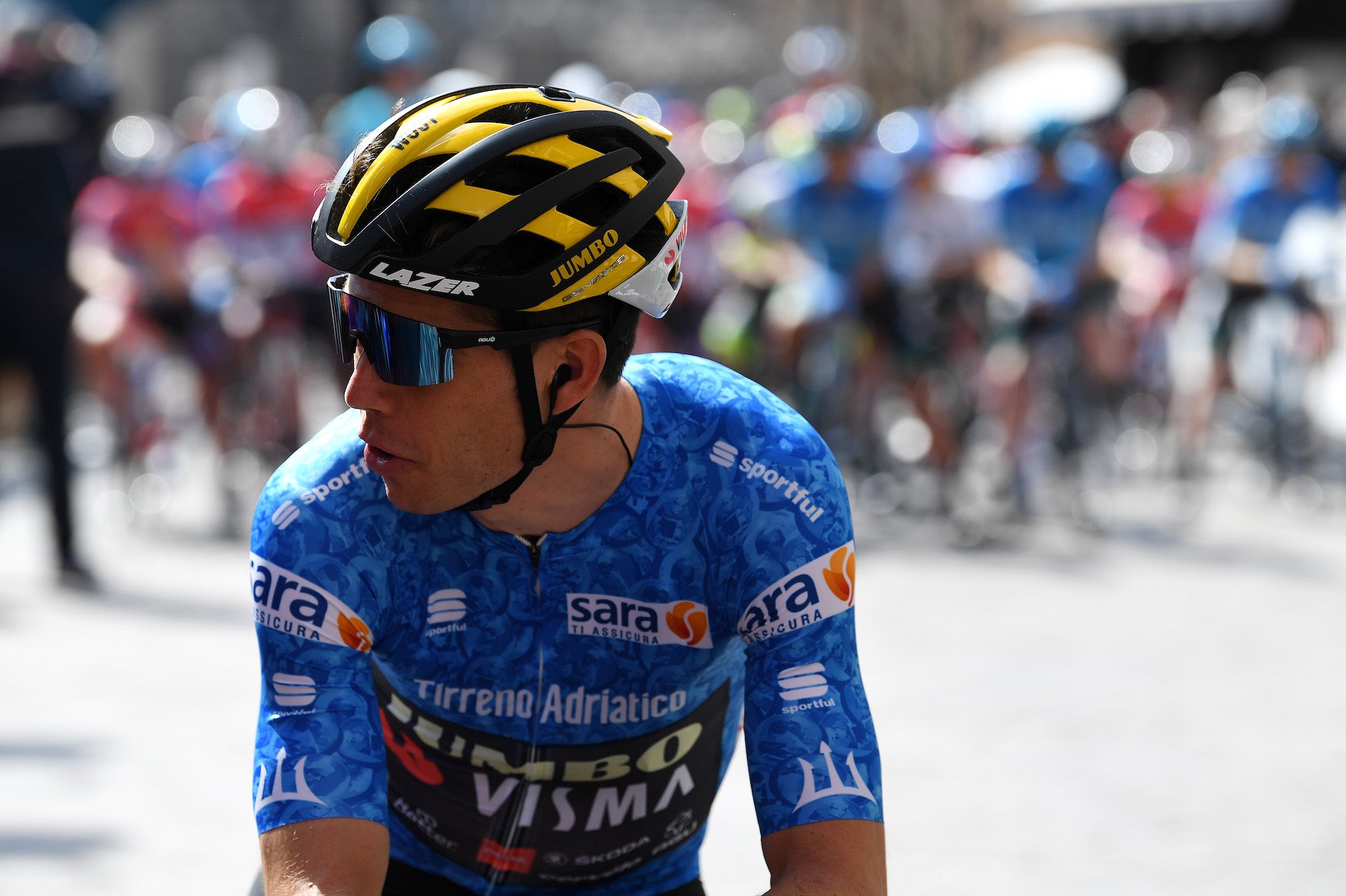 PRATI DI TIVO, ITALY - MARCH 13: Start / Wout Van Aert of Belgium and Team Jumbo - Visma Blue Leader Jersey during the 56th Tirreno-Adriatico 2021, Stage 4 a 148km stage from Terni to Prati di Tivo 1450m / Terni Village / #TirrenoAdriatico / on March 13, 2021 in Prati di Tivo, Italy. (Photo by Tim de Waele/Getty Images)
