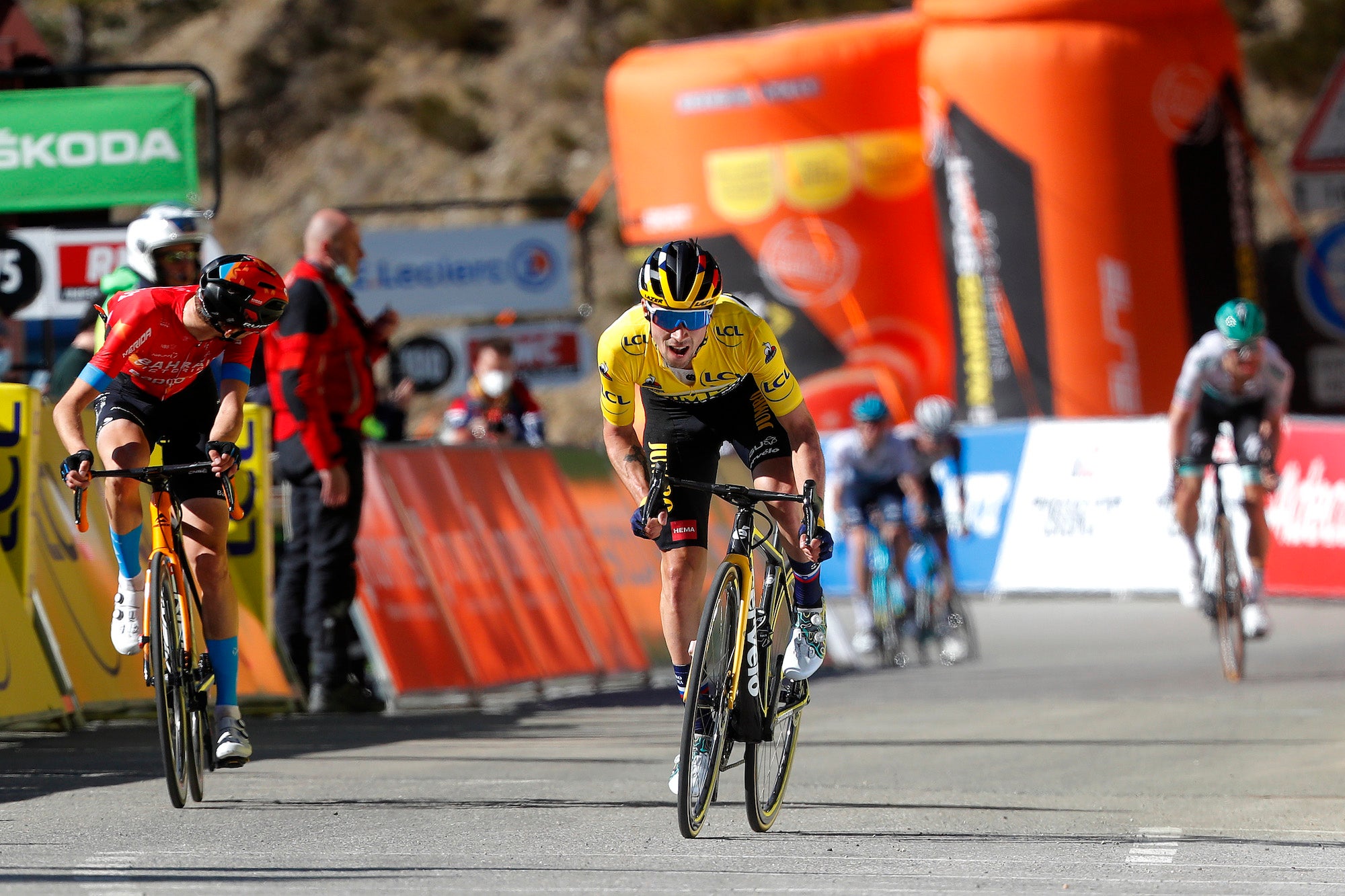 VALDEBLORE LA COLMIANE, FRANCE - MARCH 13: Arrival / Primoz Roglic of Slovenia and Team Jumbo - Visma Yellow leader jersey, Gino Mader of Switzerland and Team Bahrain Victorious, Maximilian Schachmann of Germany and Team Bora - Hansgrohe during the 79th Paris - Nice 2021, Stage 7 a 119km stage from Le Broc to Valdeblore La Colmiane 1501m / Stage itinerary redesigned due to COVID-19 lockdown imposed in the city of Nice / #ParisNice / on March 13, 2021 in Valdeblore La Colmiane, France. (Photo by Bas Czerwinski/Getty Images)